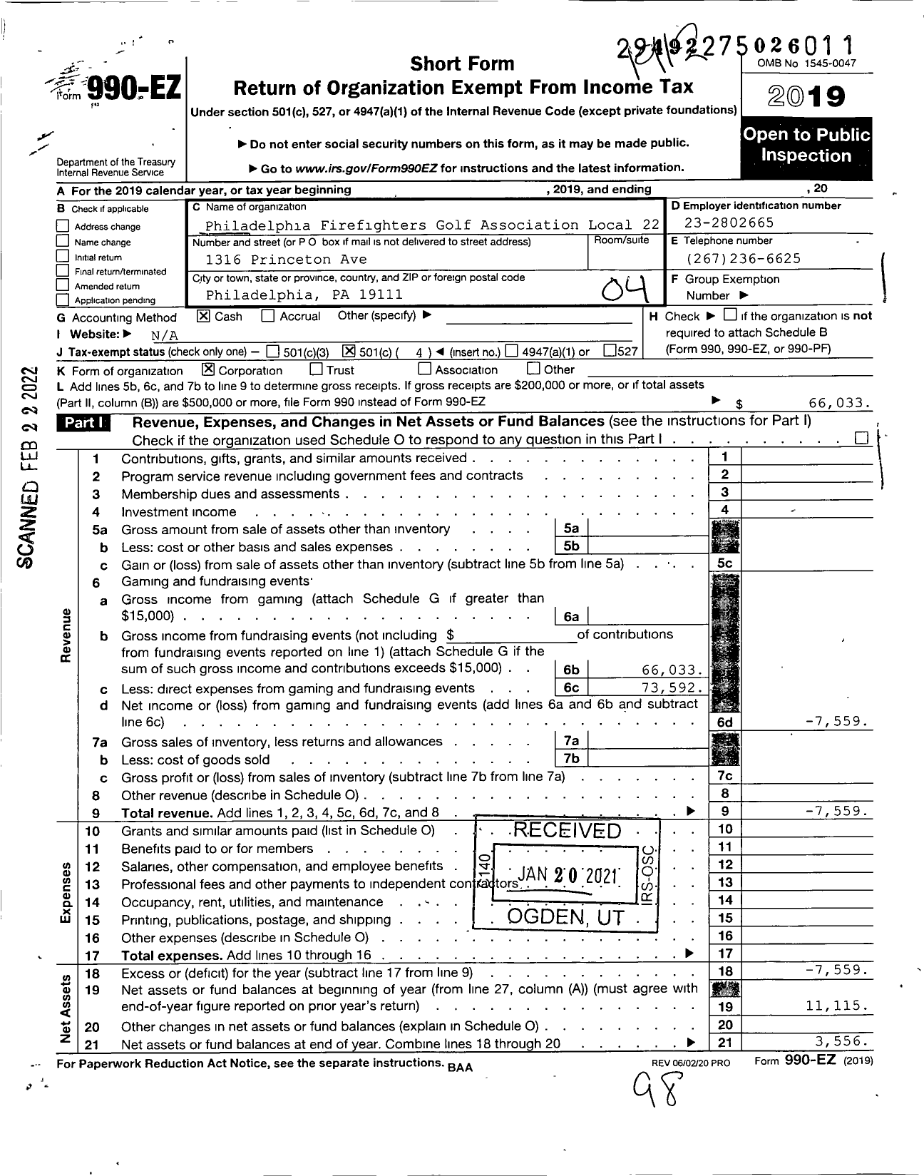 Image of first page of 2019 Form 990EO for Philadelphia Firefighters Golf Association Local 22