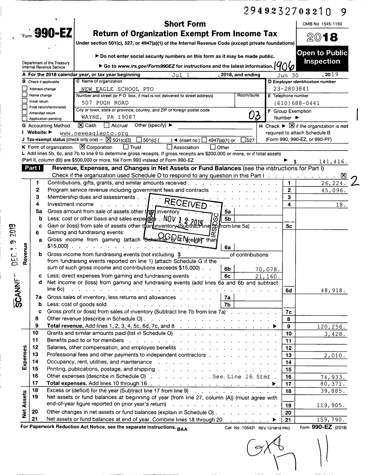 Image of first page of 2018 Form 990EZ for New Eagle School Pto