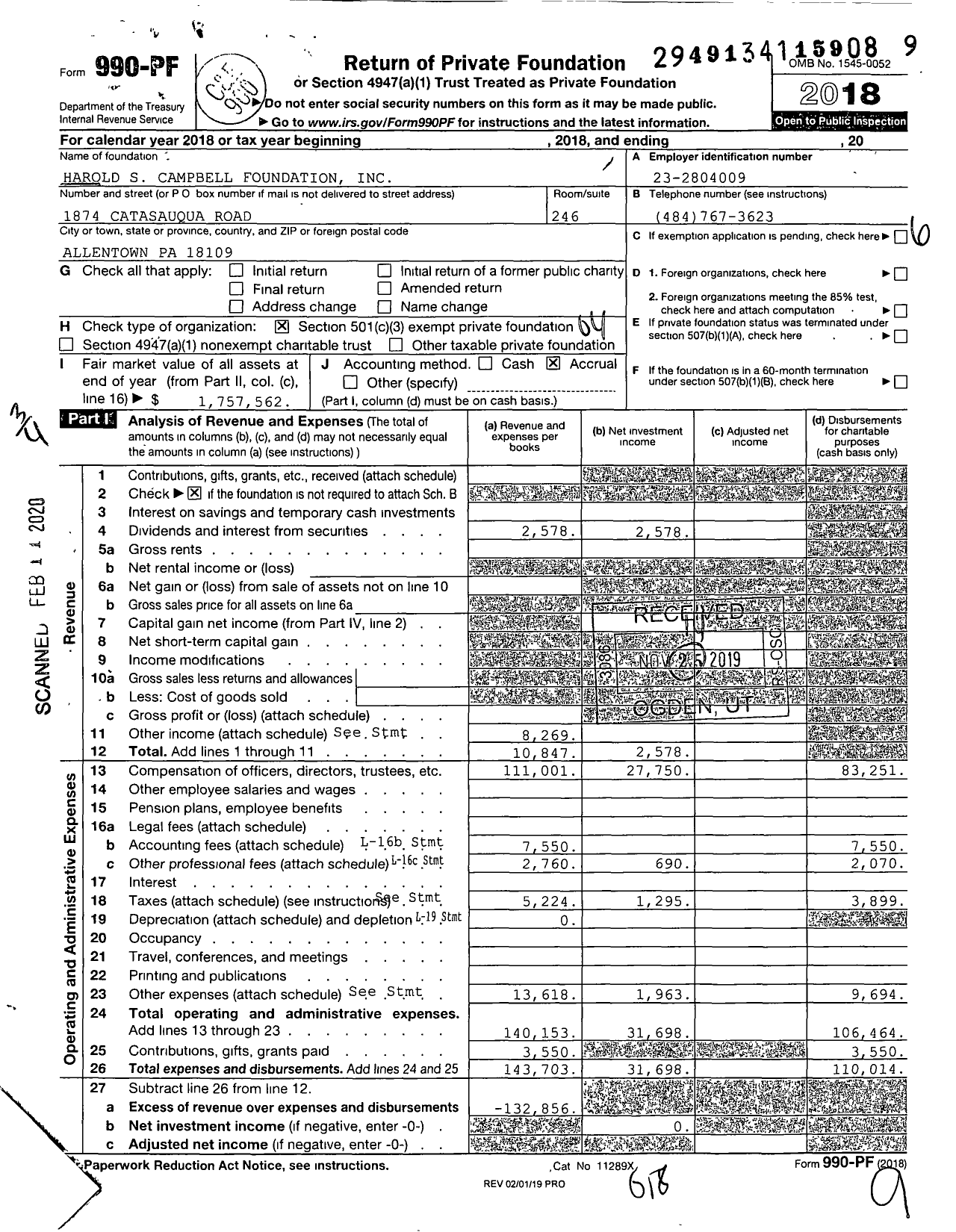 Image of first page of 2018 Form 990PF for Harold S Campbell Foundation