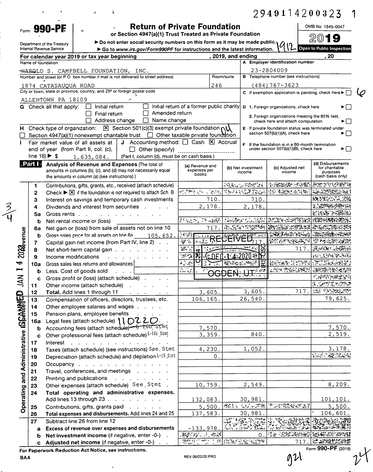 Image of first page of 2019 Form 990PF for Harold S Campbell Foundation