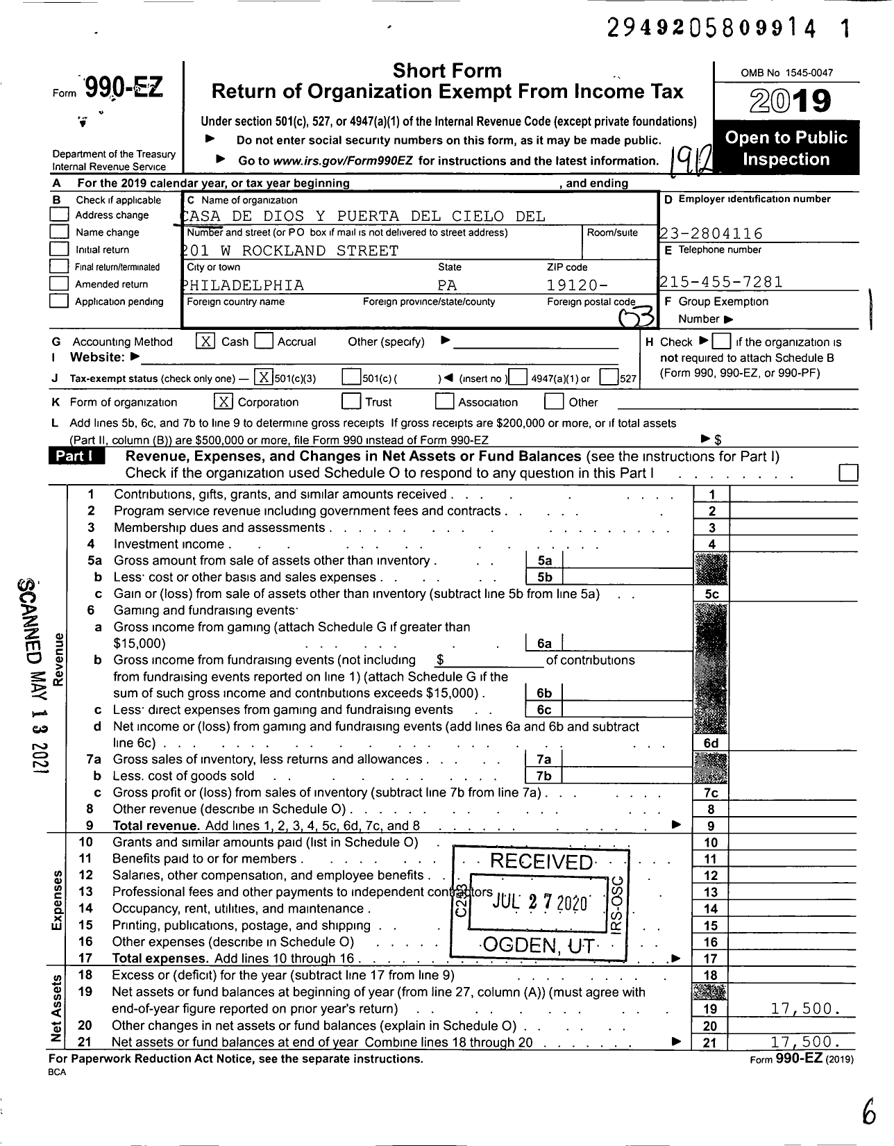 Image of first page of 2019 Form 990EZ for Casa de Dios Y Puerta Del Cielo Del Movimiento Cristiano Pentecostal