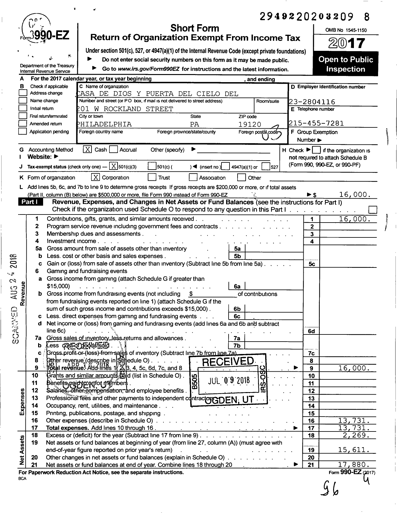 Image of first page of 2017 Form 990EZ for Casa de Dios Y Puerta Del Cielo Del Movimiento Cristiano Pentecostal