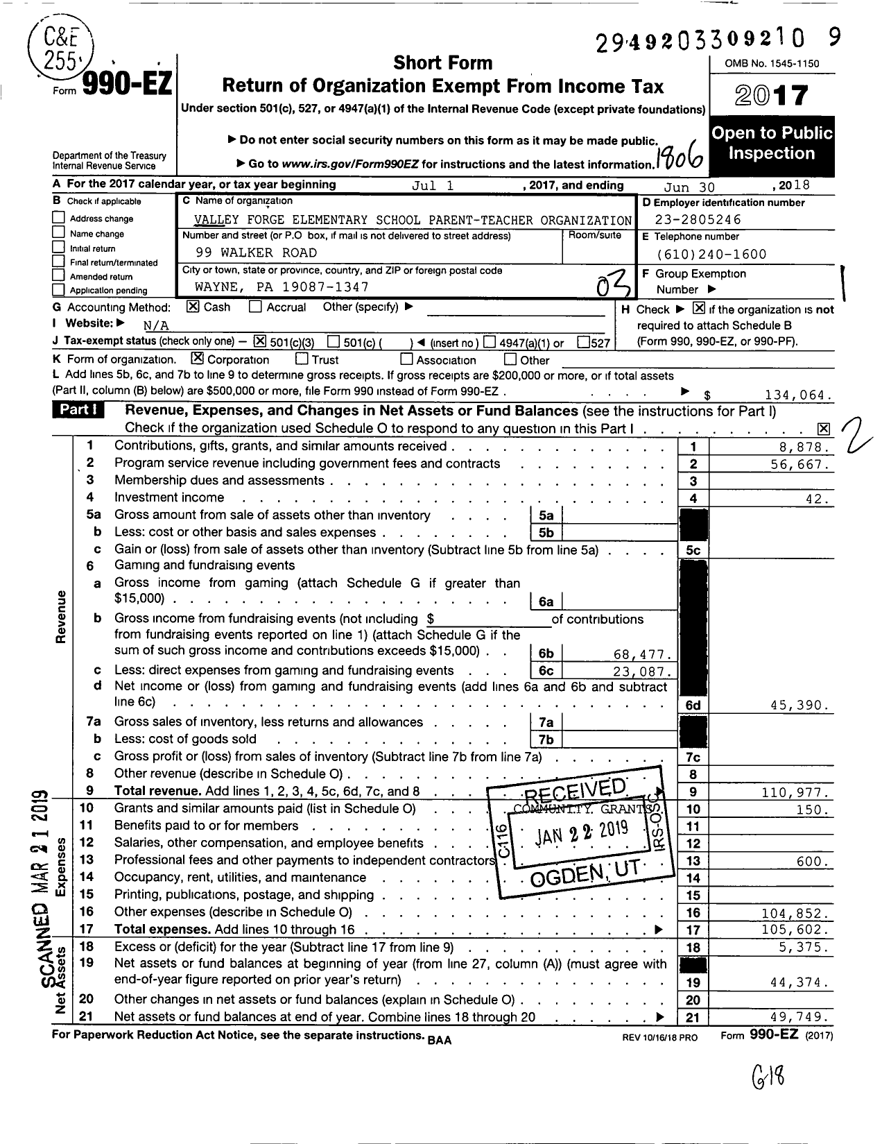 Image of first page of 2017 Form 990EZ for Valley Forge Elementary School Parent-Teacher Organization