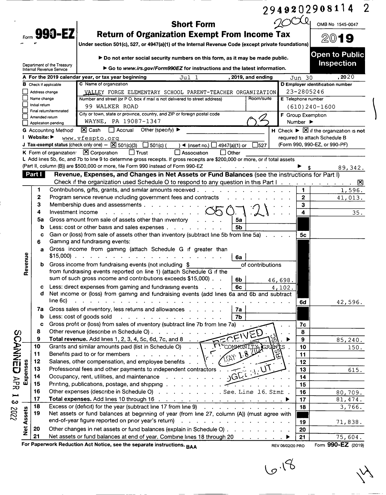 Image of first page of 2019 Form 990EZ for Valley Forge Elementary School Parent-Teacher Organization