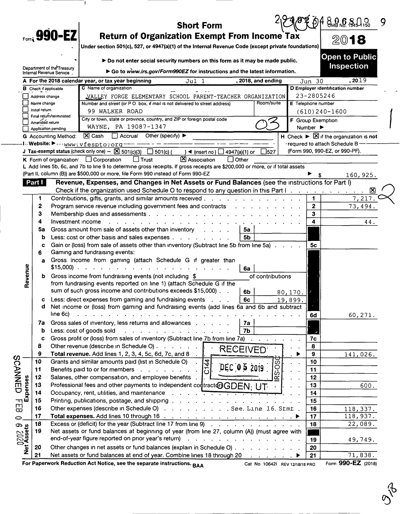 Image of first page of 2018 Form 990EZ for Valley Forge Elementary School Parent-Teacher Organization