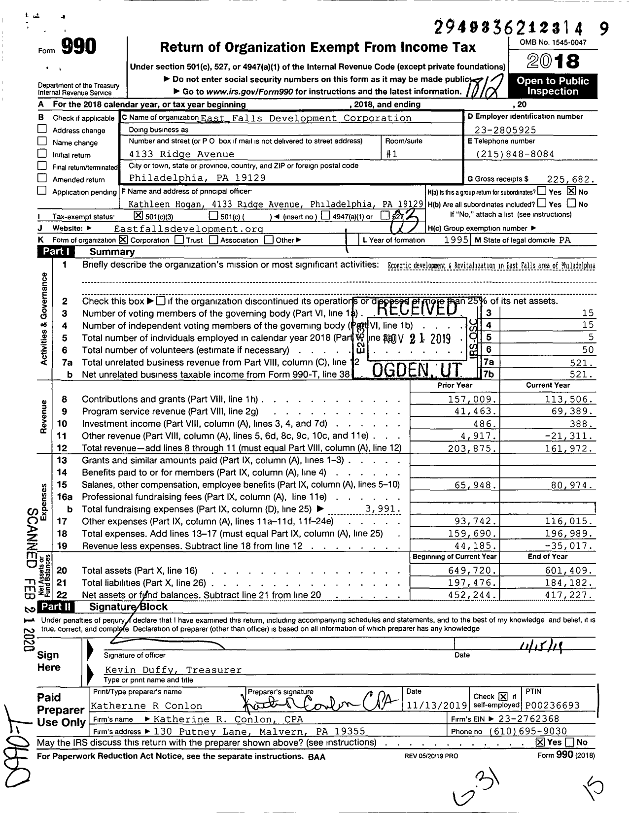 Image of first page of 2018 Form 990 for East Falls Development Corporation