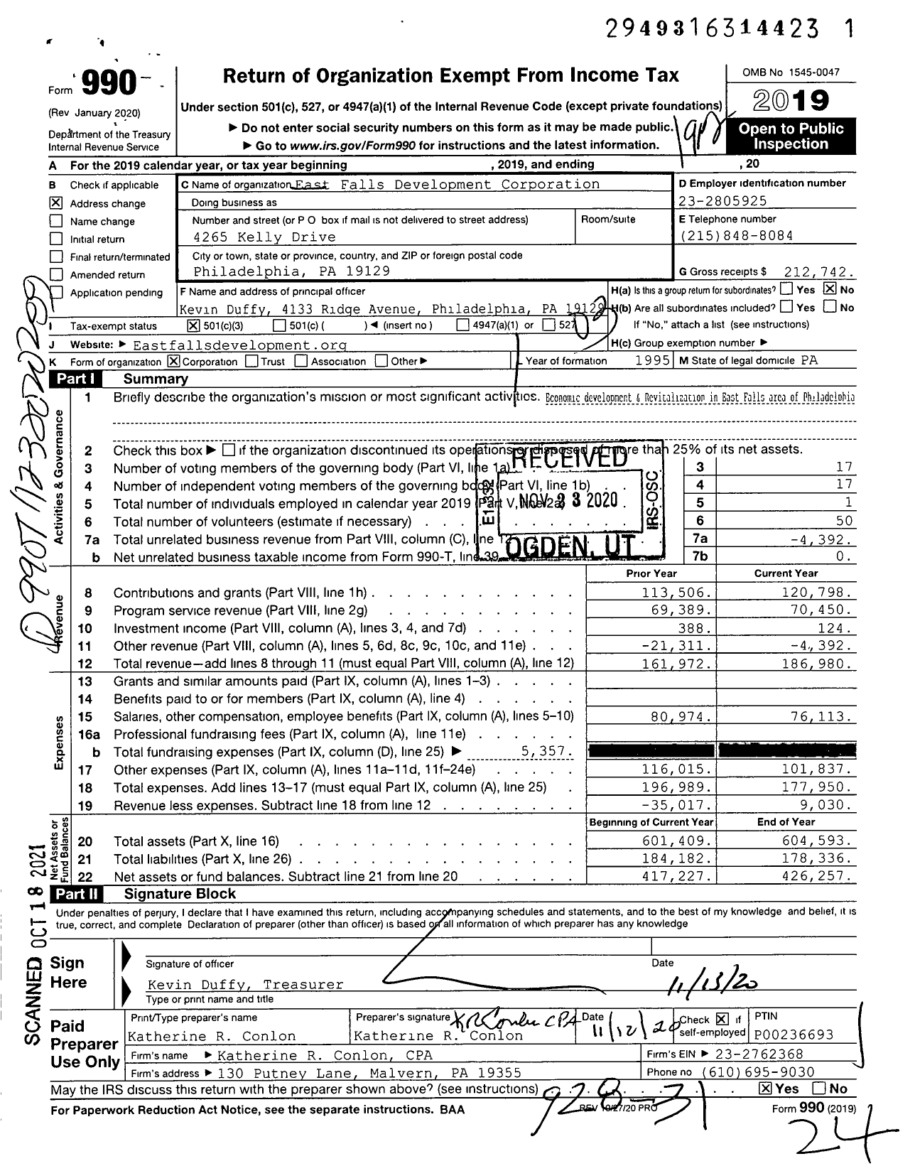 Image of first page of 2019 Form 990 for East Falls Development Corporation