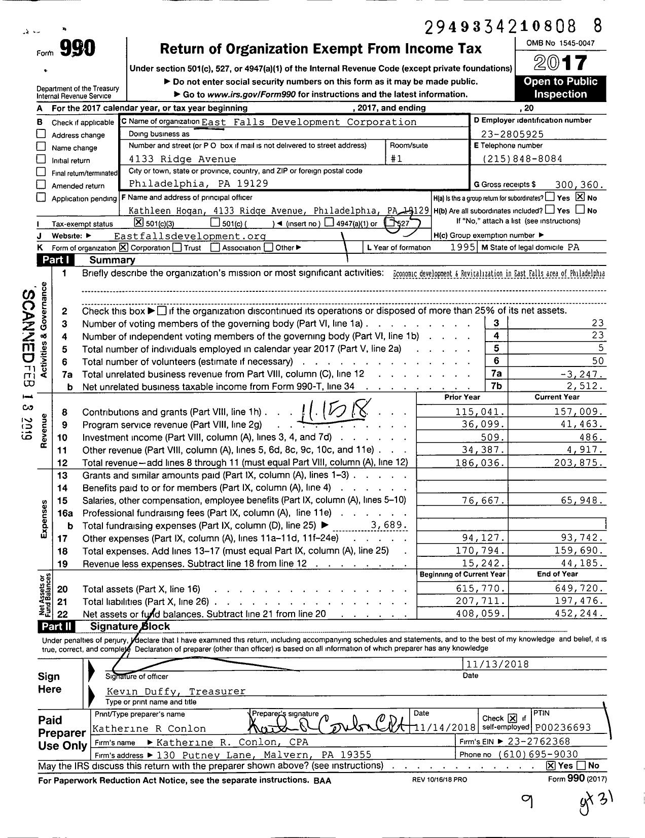 Image of first page of 2017 Form 990 for East Falls Development Corporation