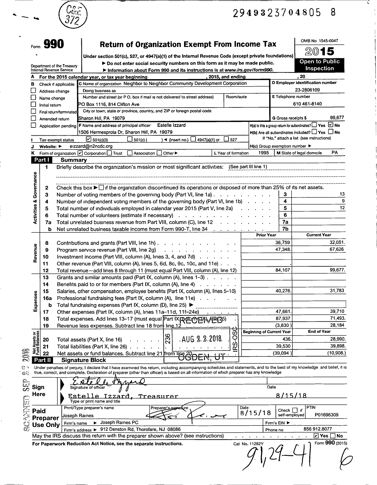 Image of first page of 2015 Form 990 for Neighbor To Neighbor Community Development Corporation