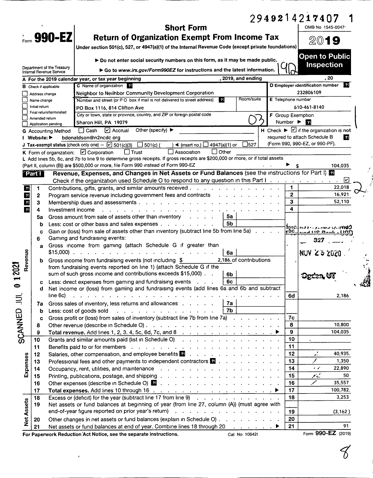 Image of first page of 2019 Form 990EZ for Neighbor To Neighbor Community Development Corporation