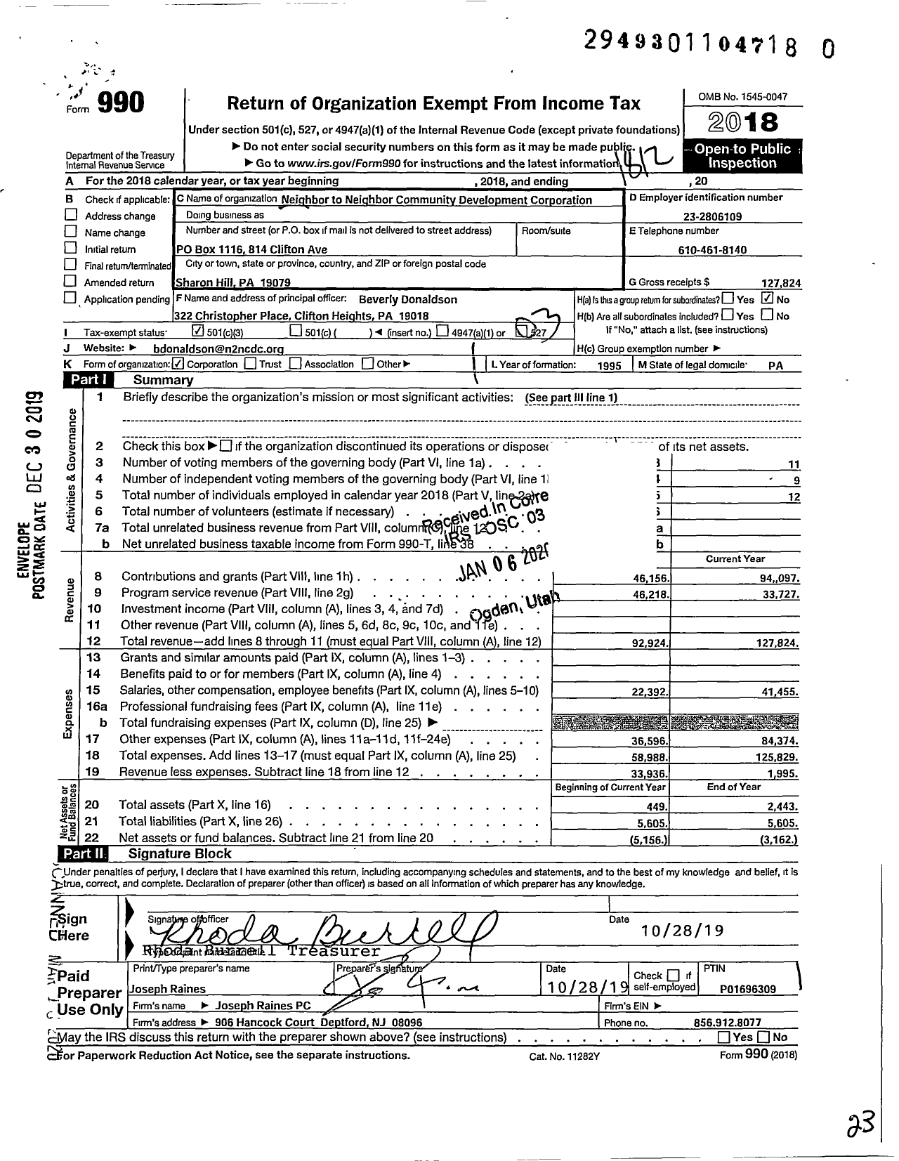 Image of first page of 2018 Form 990 for Neighbor To Neighbor Community Development Corporation