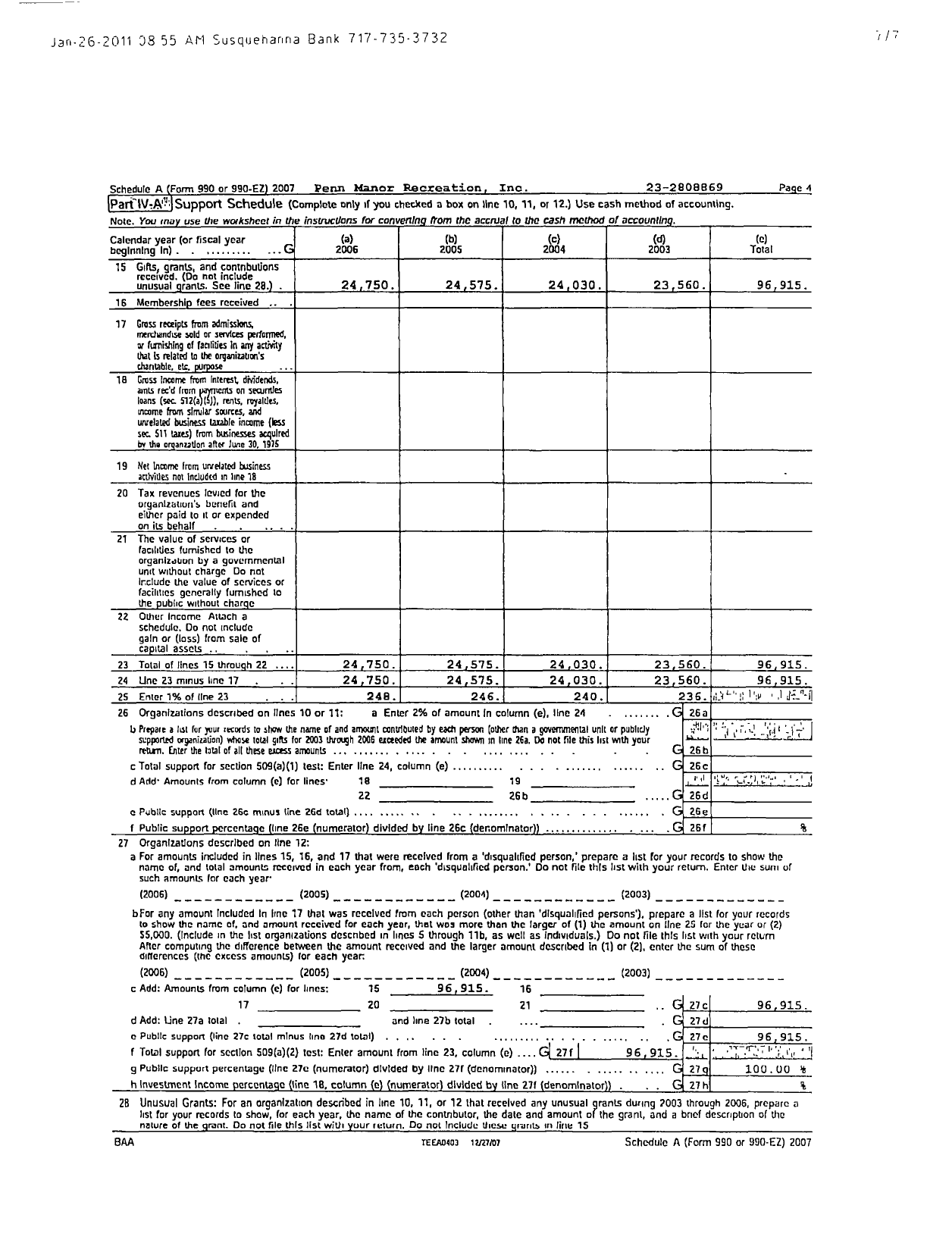 Image of first page of 2007 Form 990ER for Penn Manor Recreation