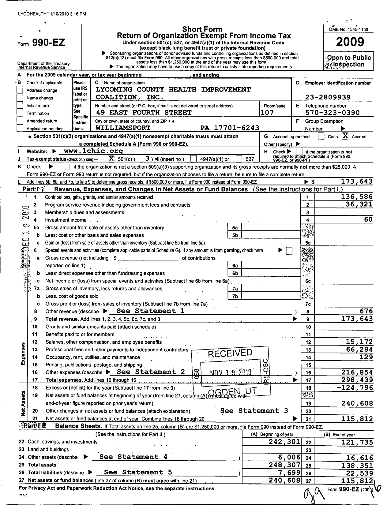 Image of first page of 2009 Form 990EZ for Lycoming County Health Improvement Coalition