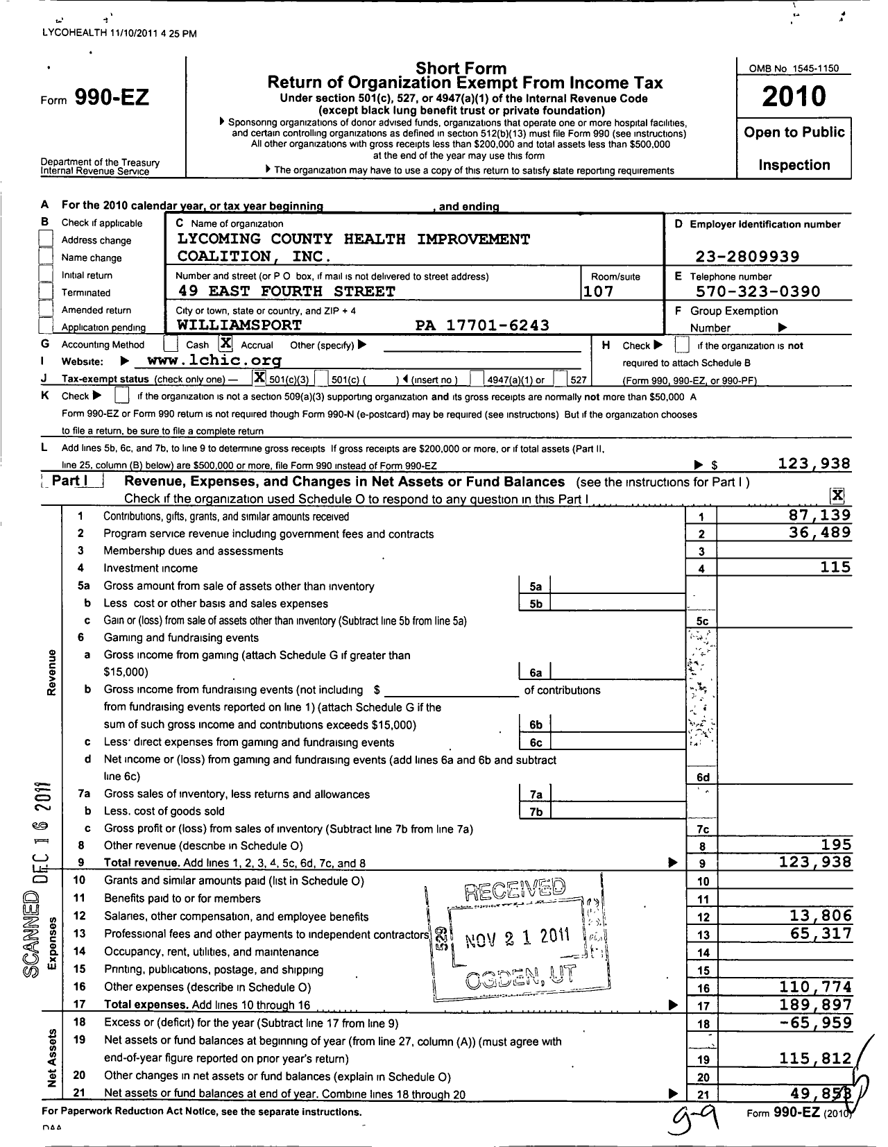 Image of first page of 2010 Form 990EZ for Lycoming County Health Improvement Coalition