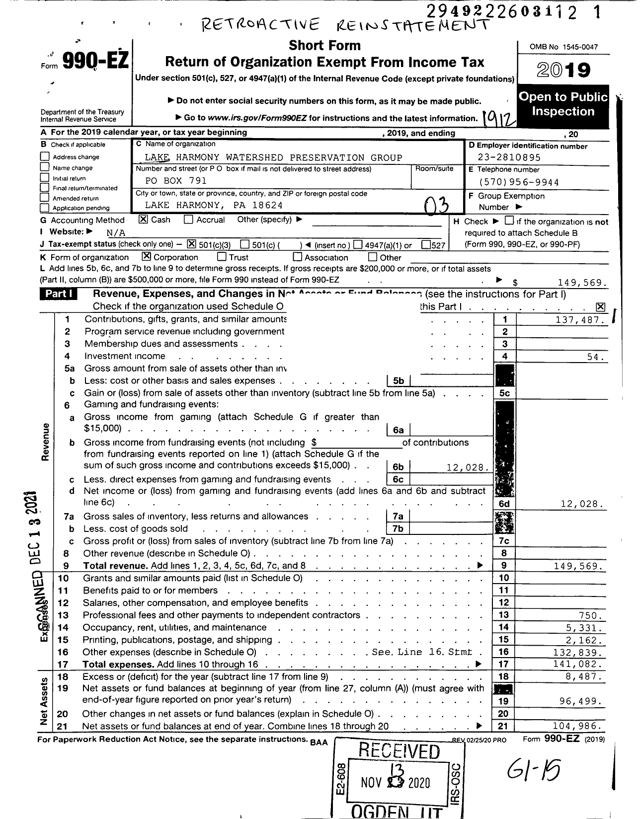 Image of first page of 2019 Form 990EZ for Lake Harmony Watershed Preservation