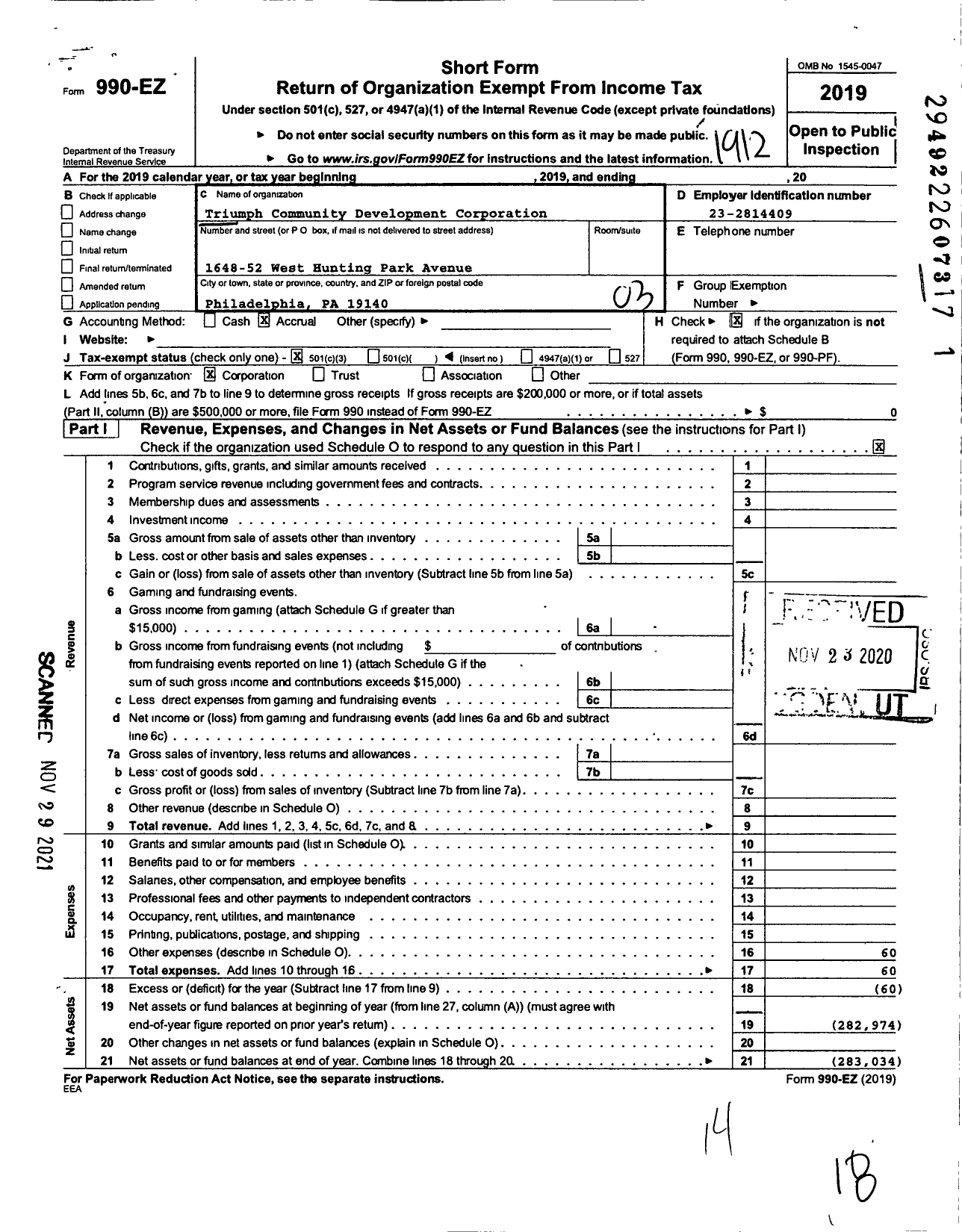 Image of first page of 2019 Form 990EZ for Triumph Community Development Corporation