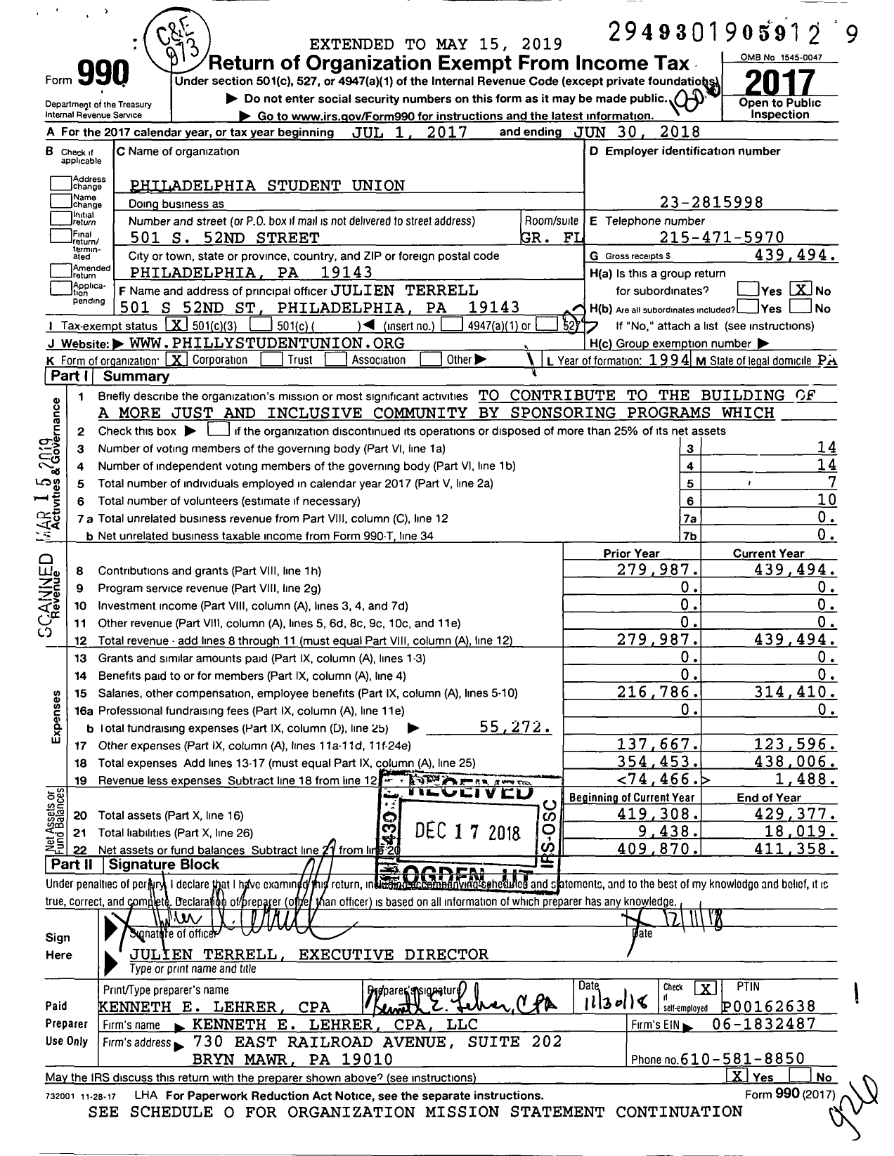 Image of first page of 2017 Form 990 for Philadelphia Student Union