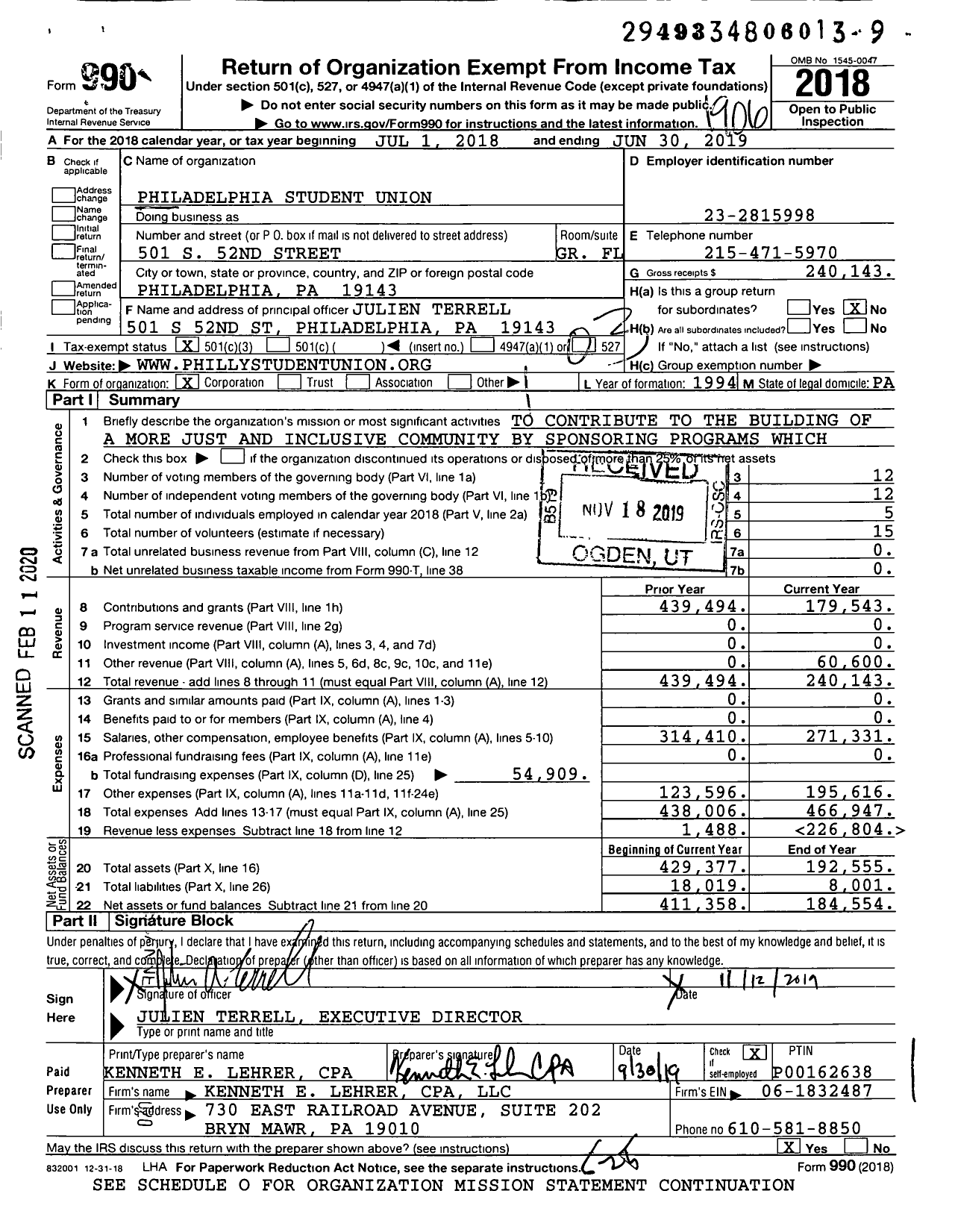 Image of first page of 2018 Form 990 for Philadelphia Student Union