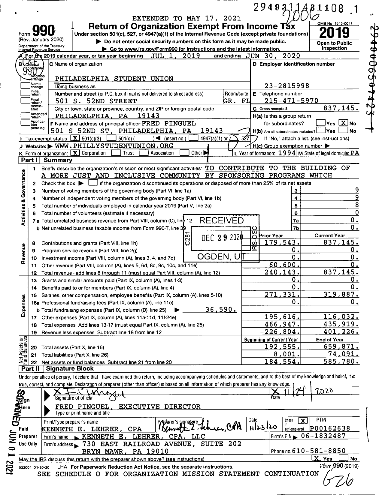 Image of first page of 2019 Form 990 for Philadelphia Student Union