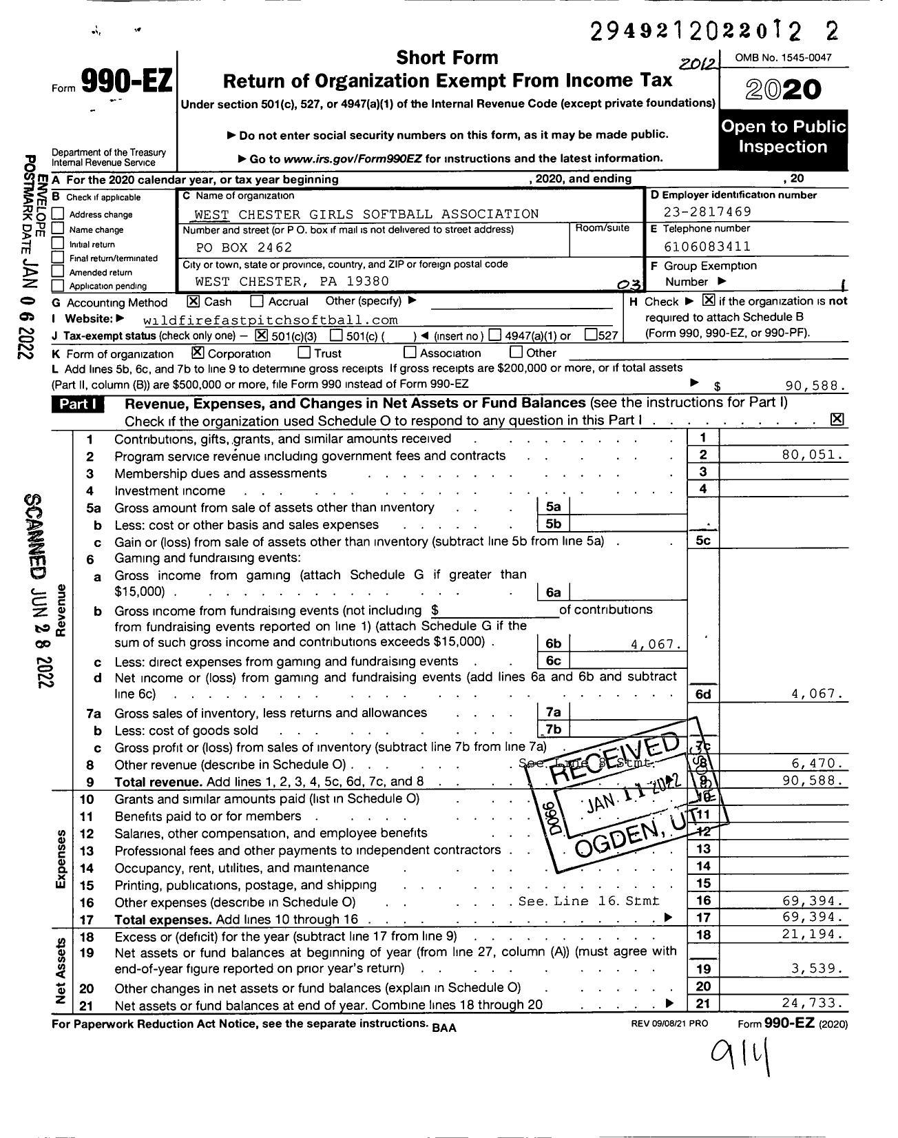 Image of first page of 2020 Form 990EZ for West Chester Girls Softball Association