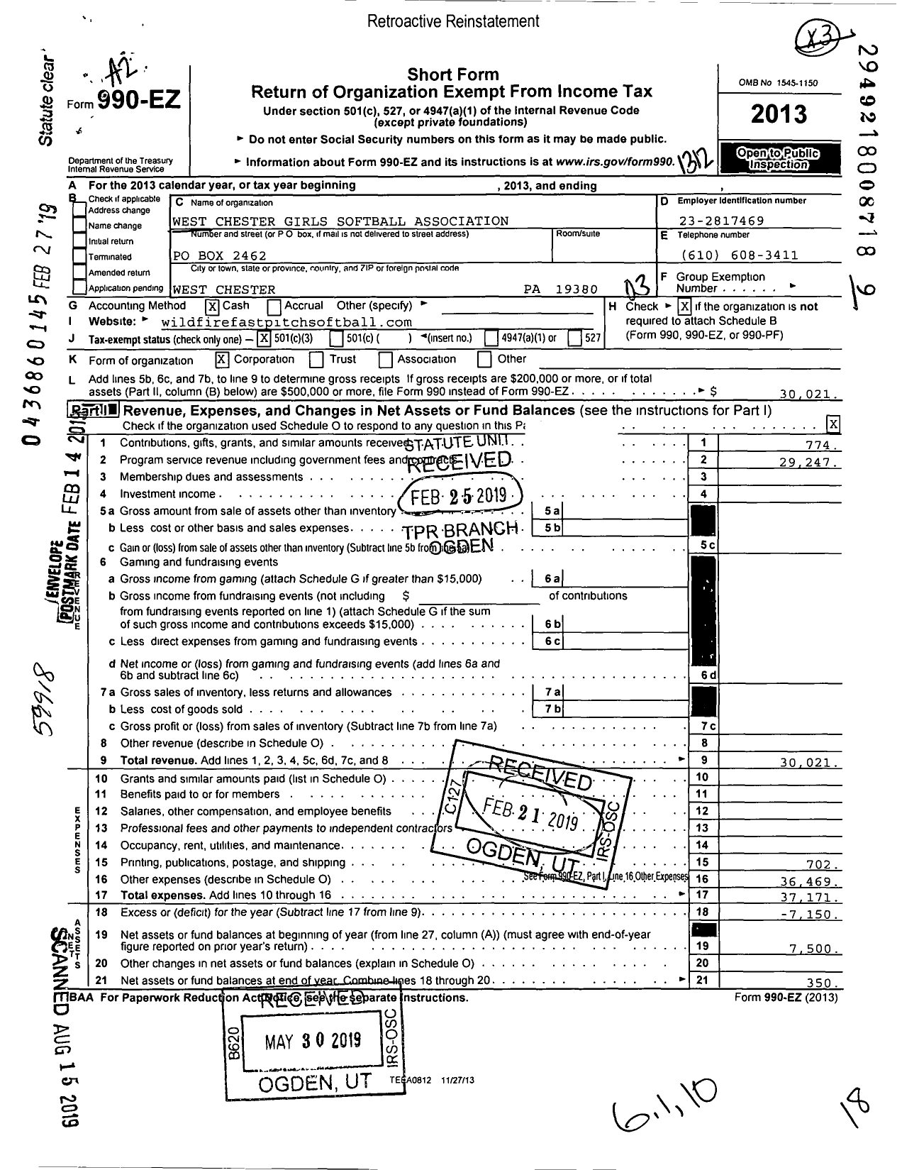 Image of first page of 2013 Form 990EZ for West Chester Girls Softball Association