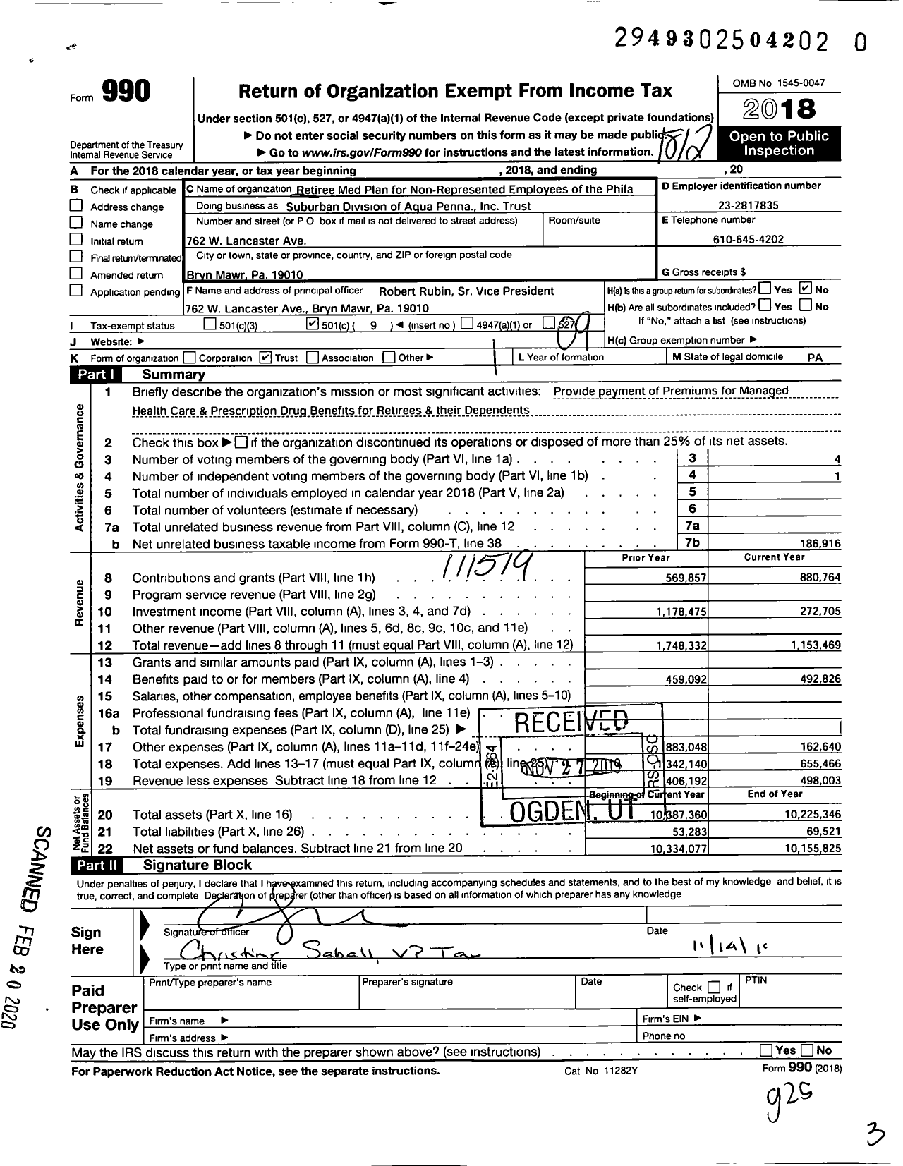 Image of first page of 2018 Form 990O for Veba for Certain Non-Represented Employees of Aqua Pennsylvania
