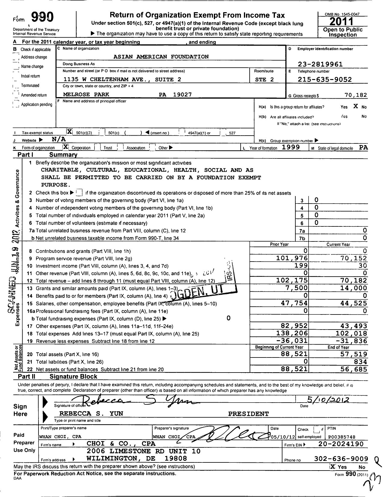 Image of first page of 2011 Form 990 for Asian American Foundation