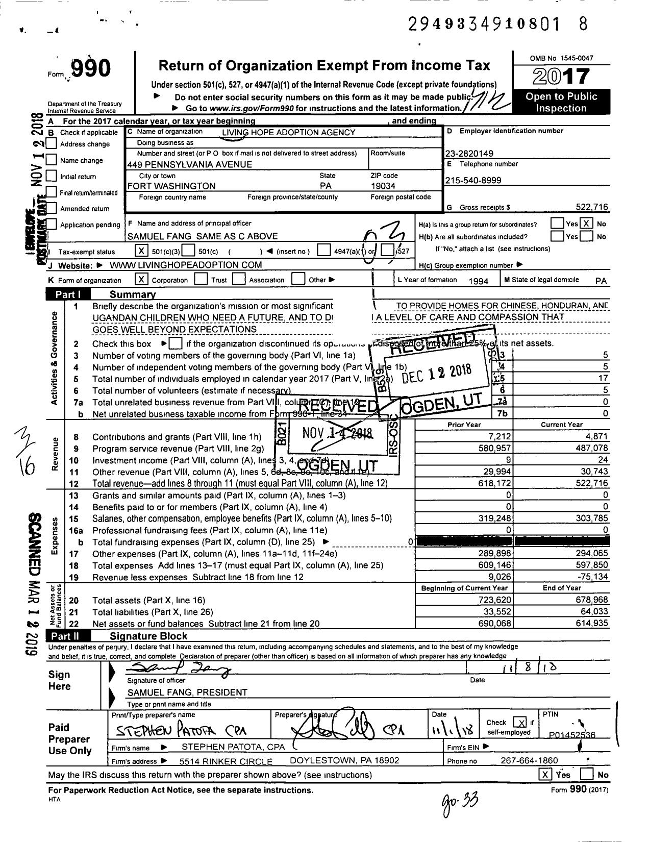 Image of first page of 2017 Form 990 for Living Hope Adoption Agency