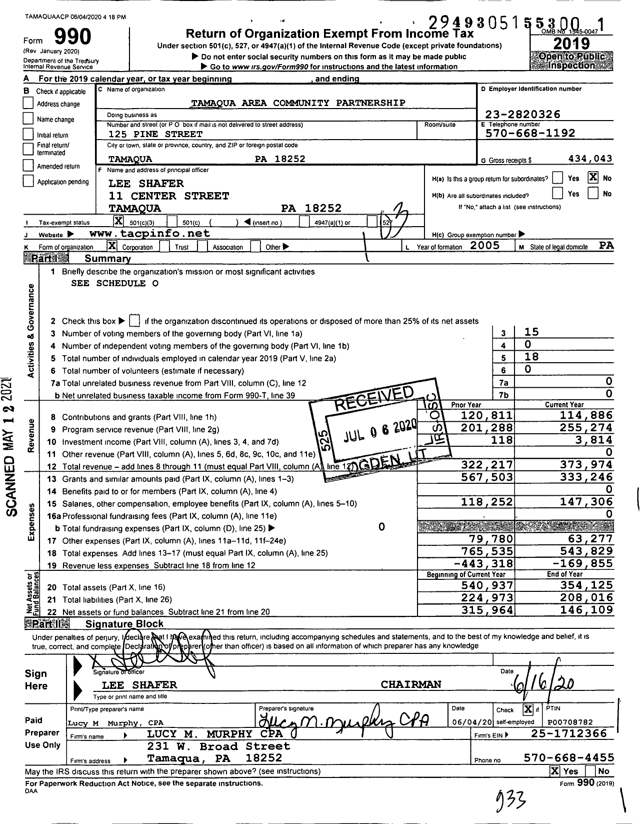 Image of first page of 2019 Form 990 for Tamaqua Area Community Partnership