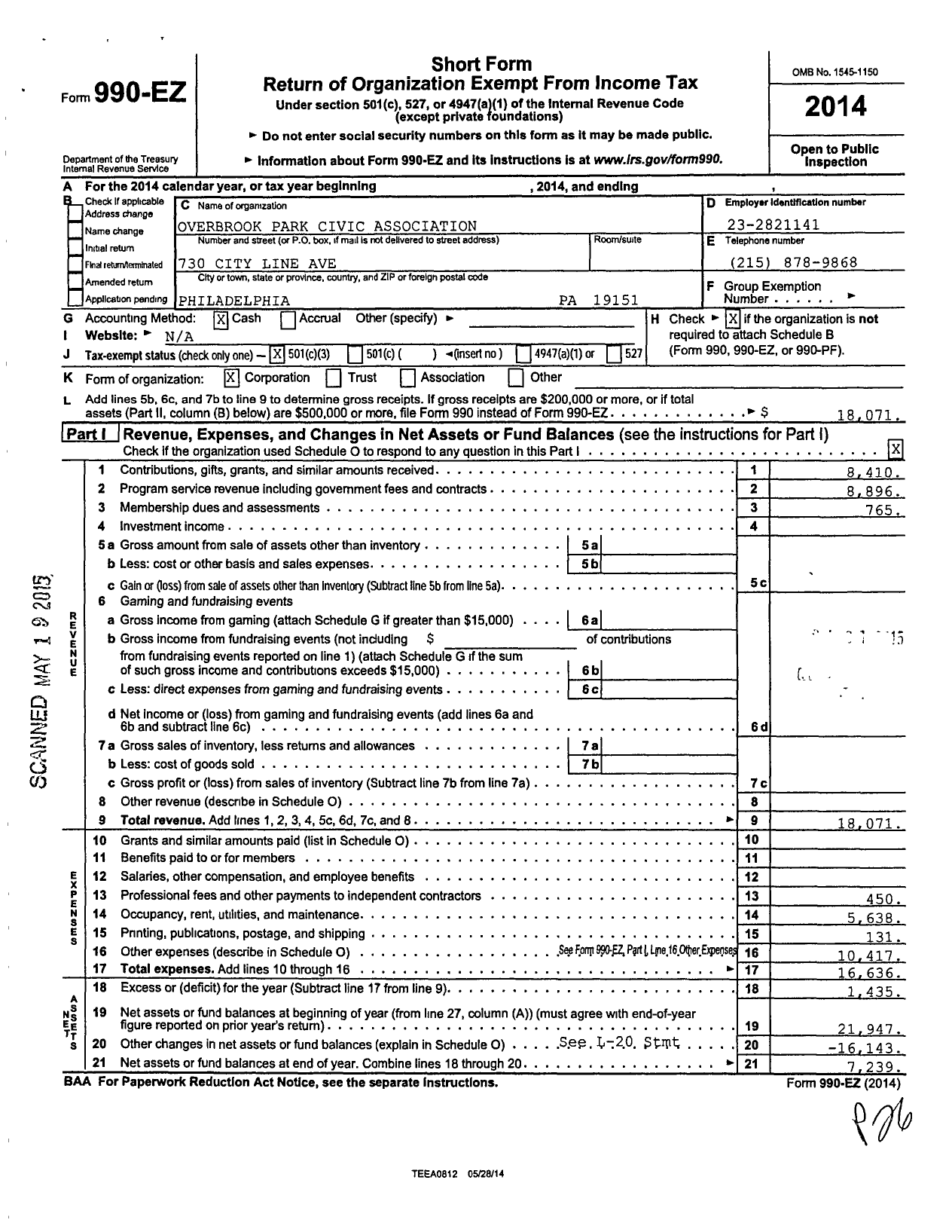 Image of first page of 2014 Form 990EZ for Overbrook Park Civic Association