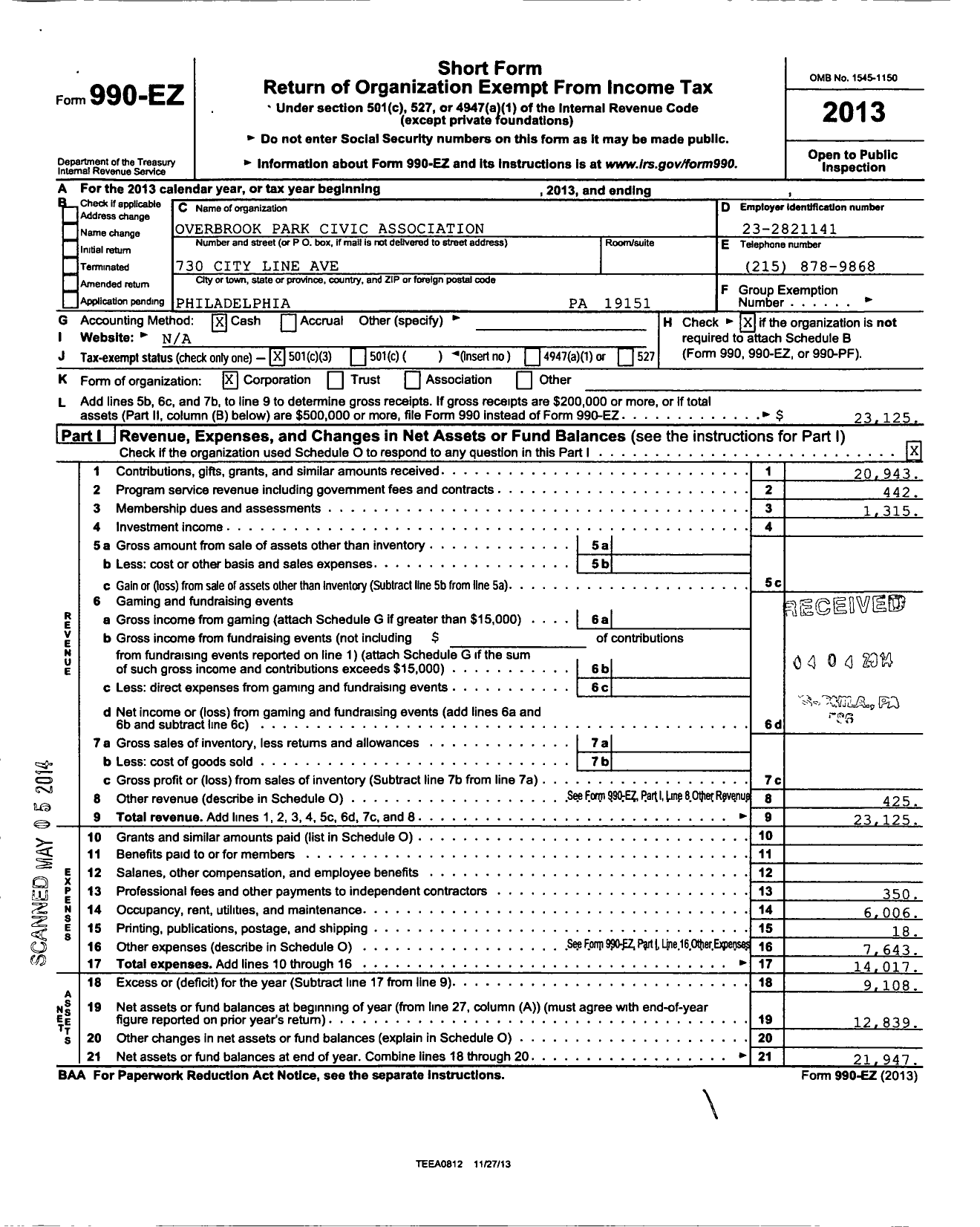 Image of first page of 2013 Form 990EZ for Overbrook Park Civic Association