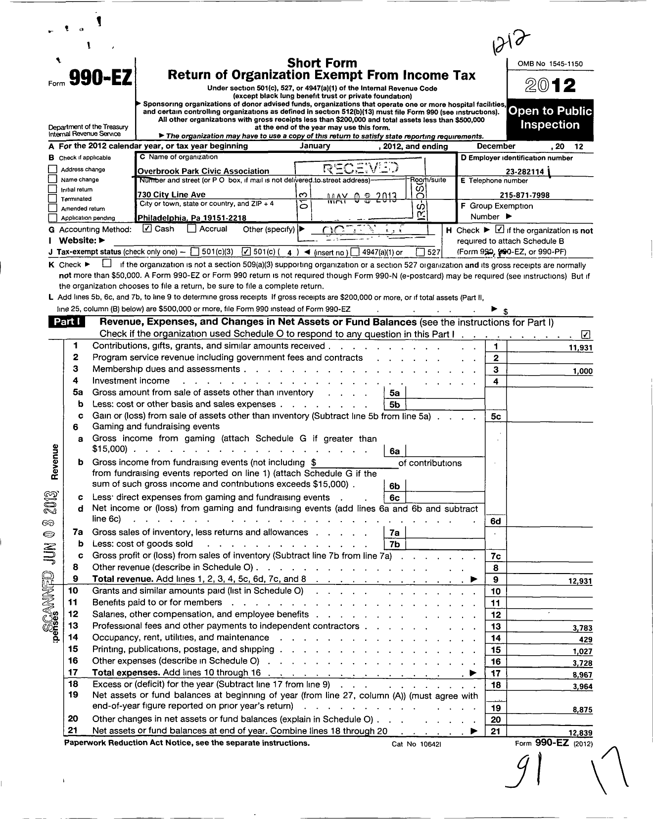 Image of first page of 2012 Form 990EO for Overbrook Park Civic Association