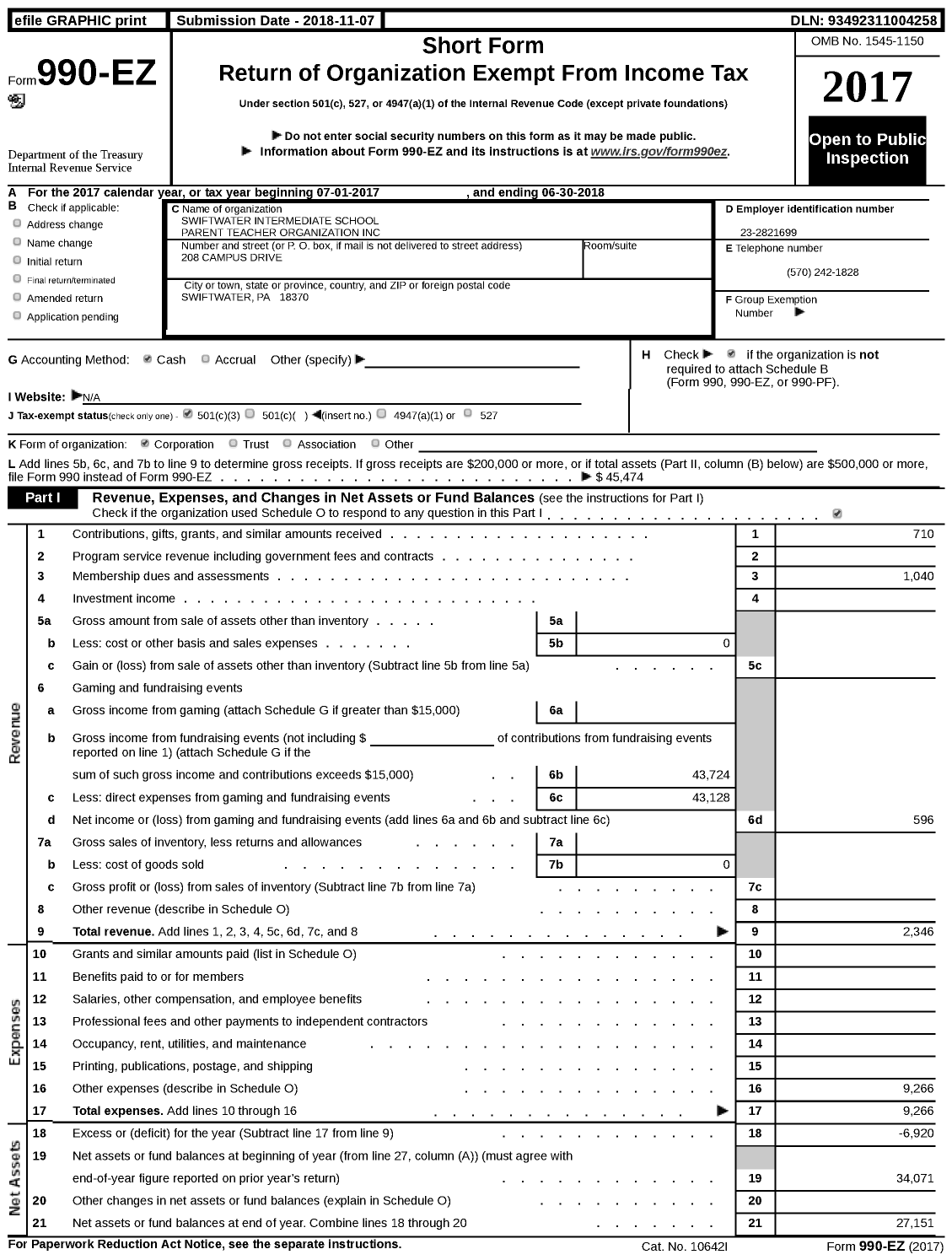 Image of first page of 2017 Form 990EZ for Swiftwater Intermediate School Parent Teacher Organization
