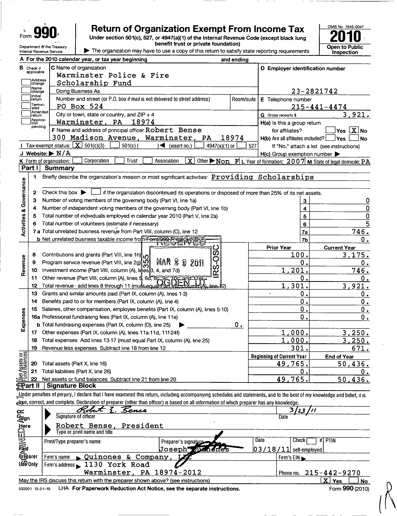 Image of first page of 2010 Form 990 for Warminster Police and Fire Scholarship Fund