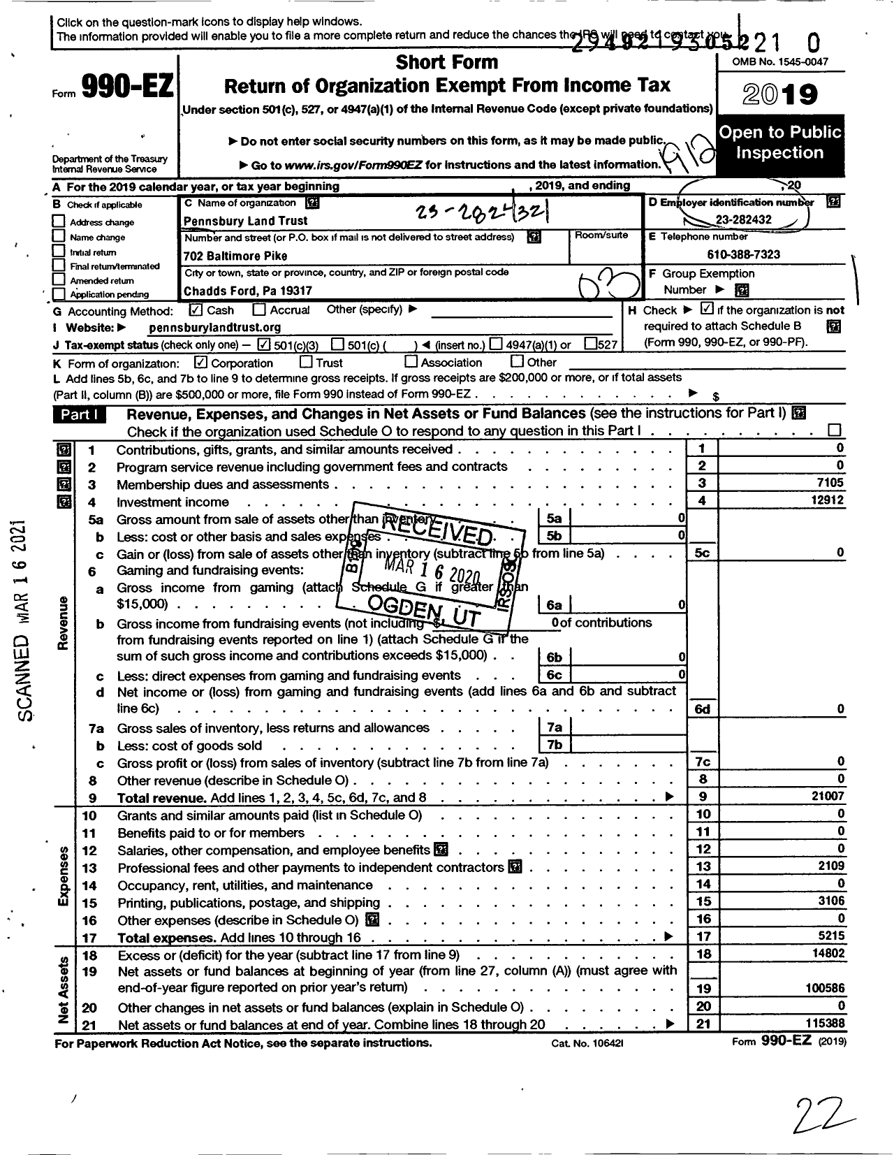 Image of first page of 2019 Form 990EZ for Pennsbury Land Trust
