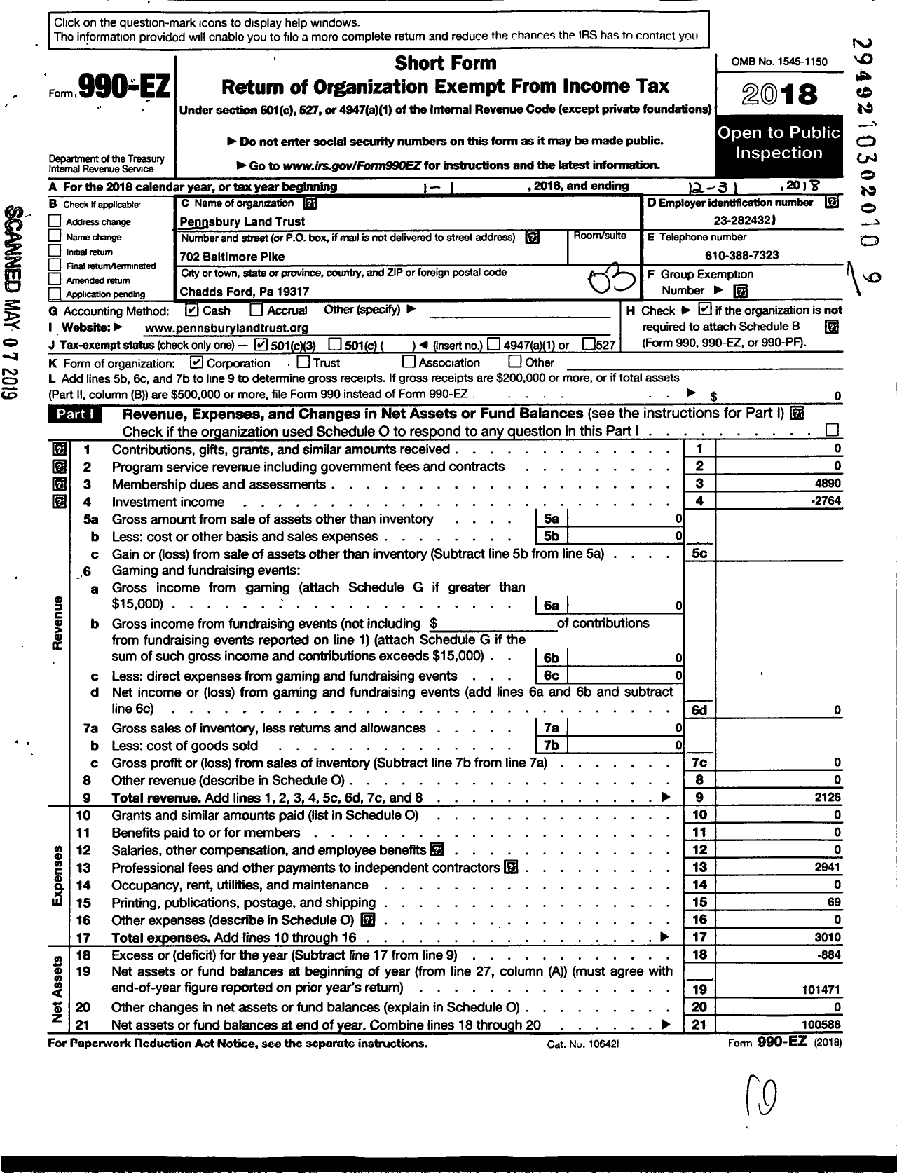 Image of first page of 2018 Form 990EZ for Pennsbury Land Trust