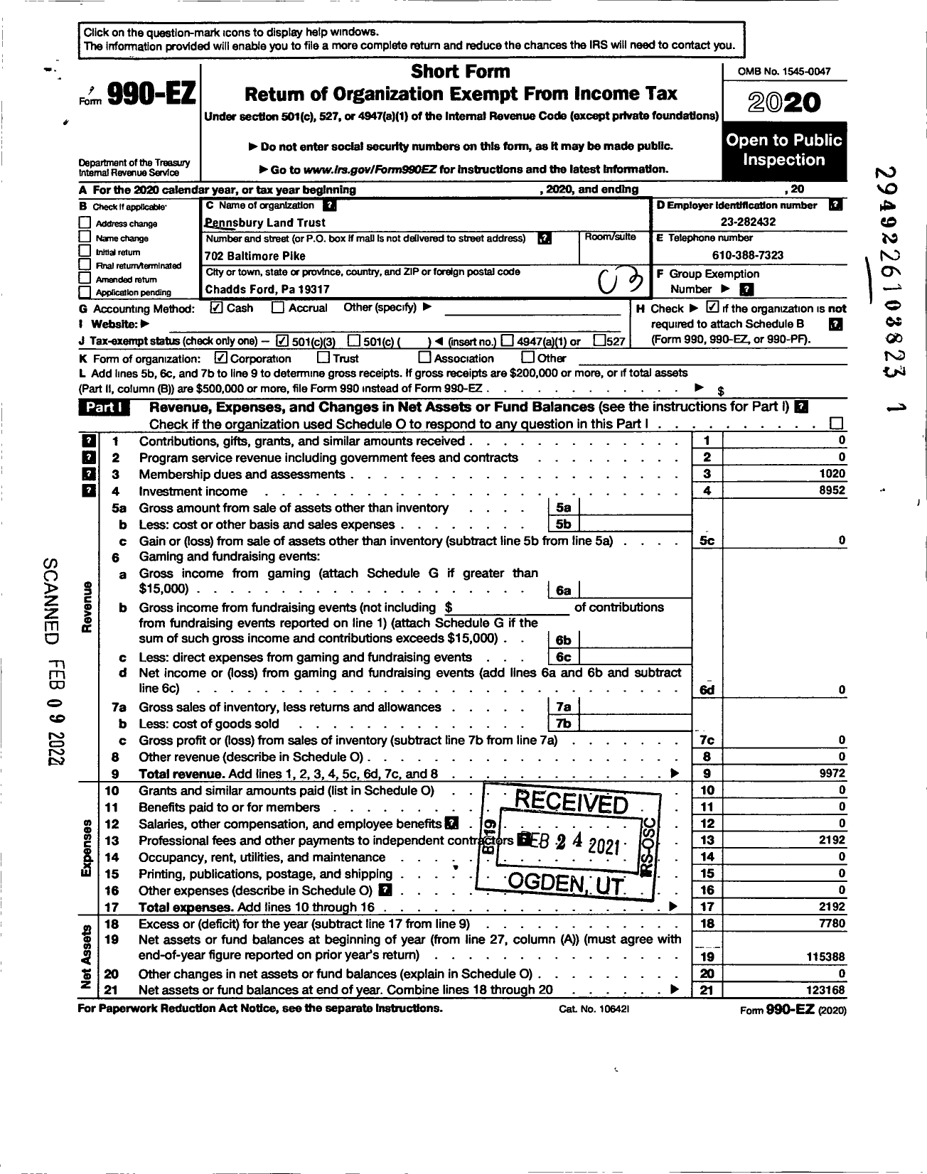 Image of first page of 2020 Form 990EZ for Pennsbury Land Trust