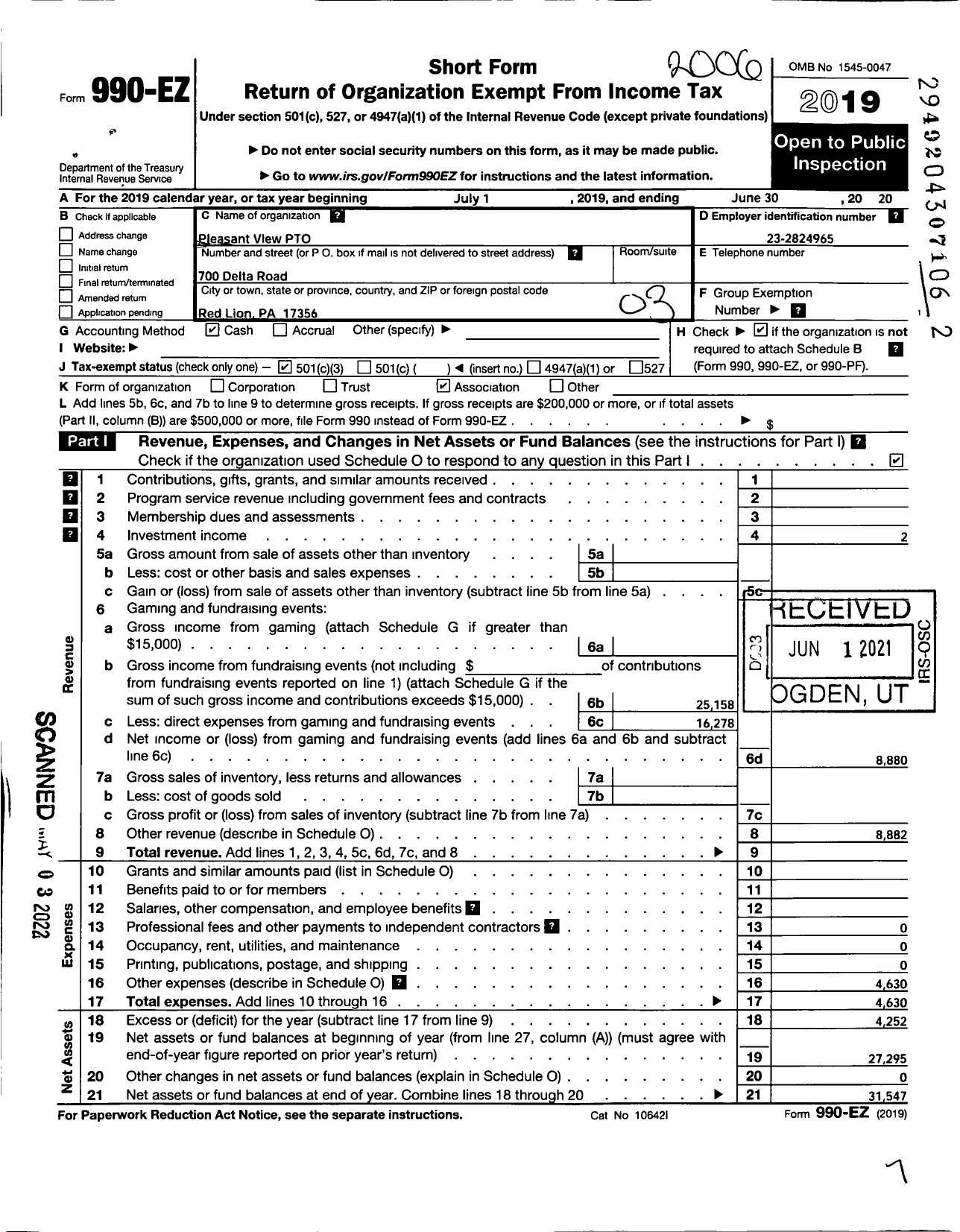 Image of first page of 2019 Form 990EZ for Pleasant View Pto T O