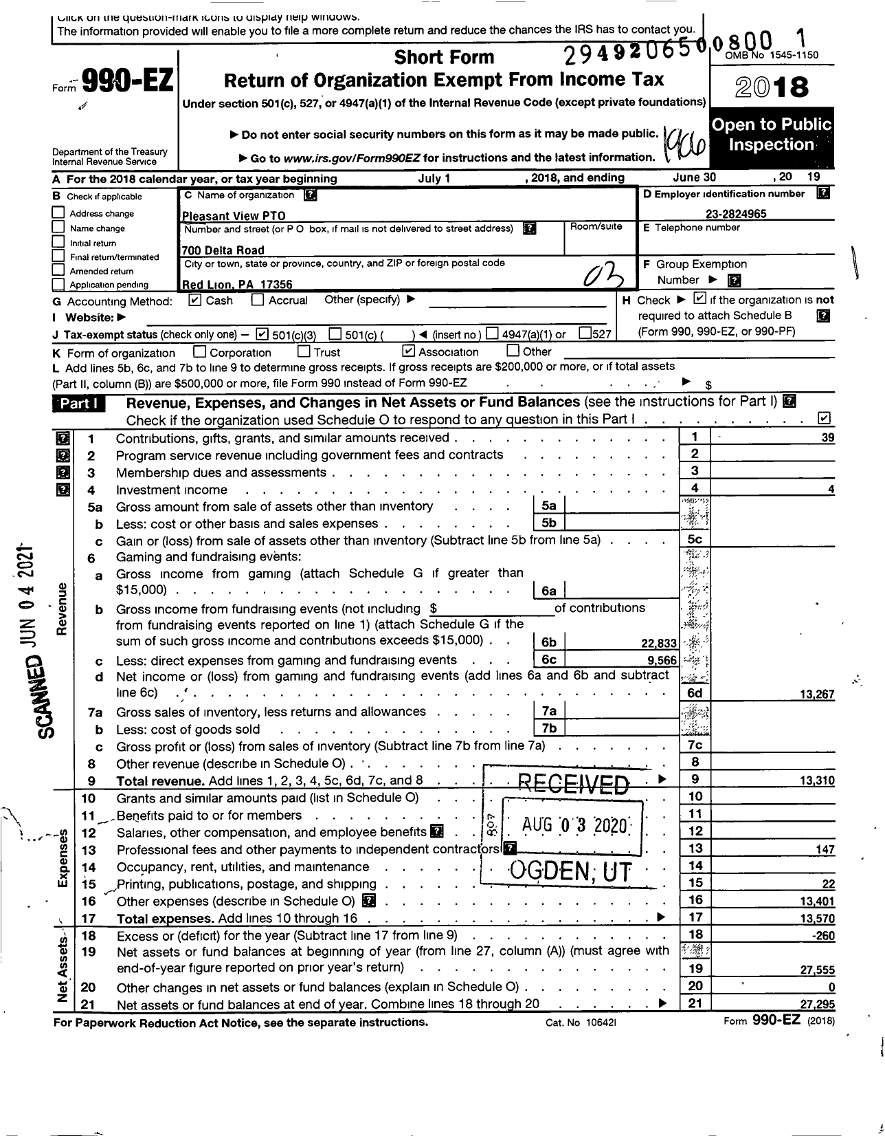 Image of first page of 2018 Form 990EZ for Pleasant View Pto T O