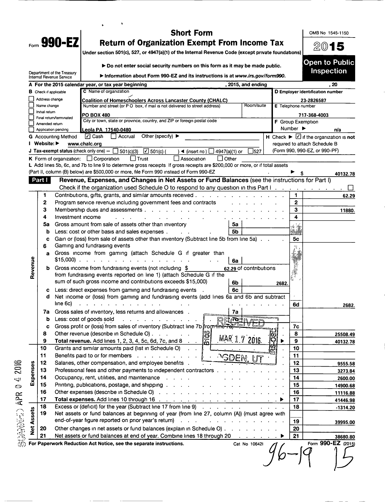 Image of first page of 2015 Form 990EO for Coalition of Homeschoolers Across Lancaster County