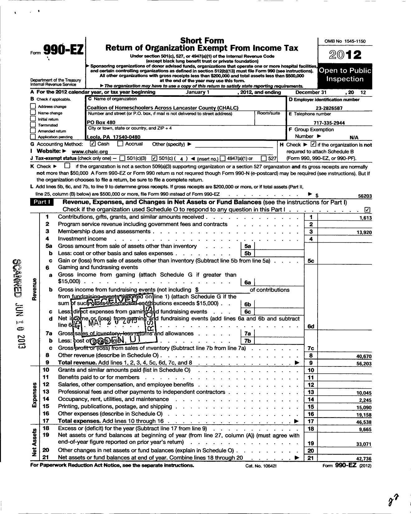 Image of first page of 2012 Form 990EO for Coalition of Homeschoolers Across Lancaster County