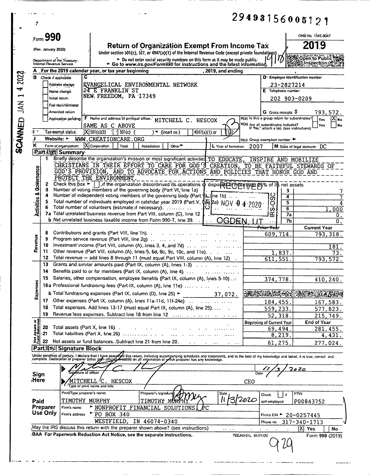 Image of first page of 2019 Form 990 for Evangelical Environmental Network (EEN)