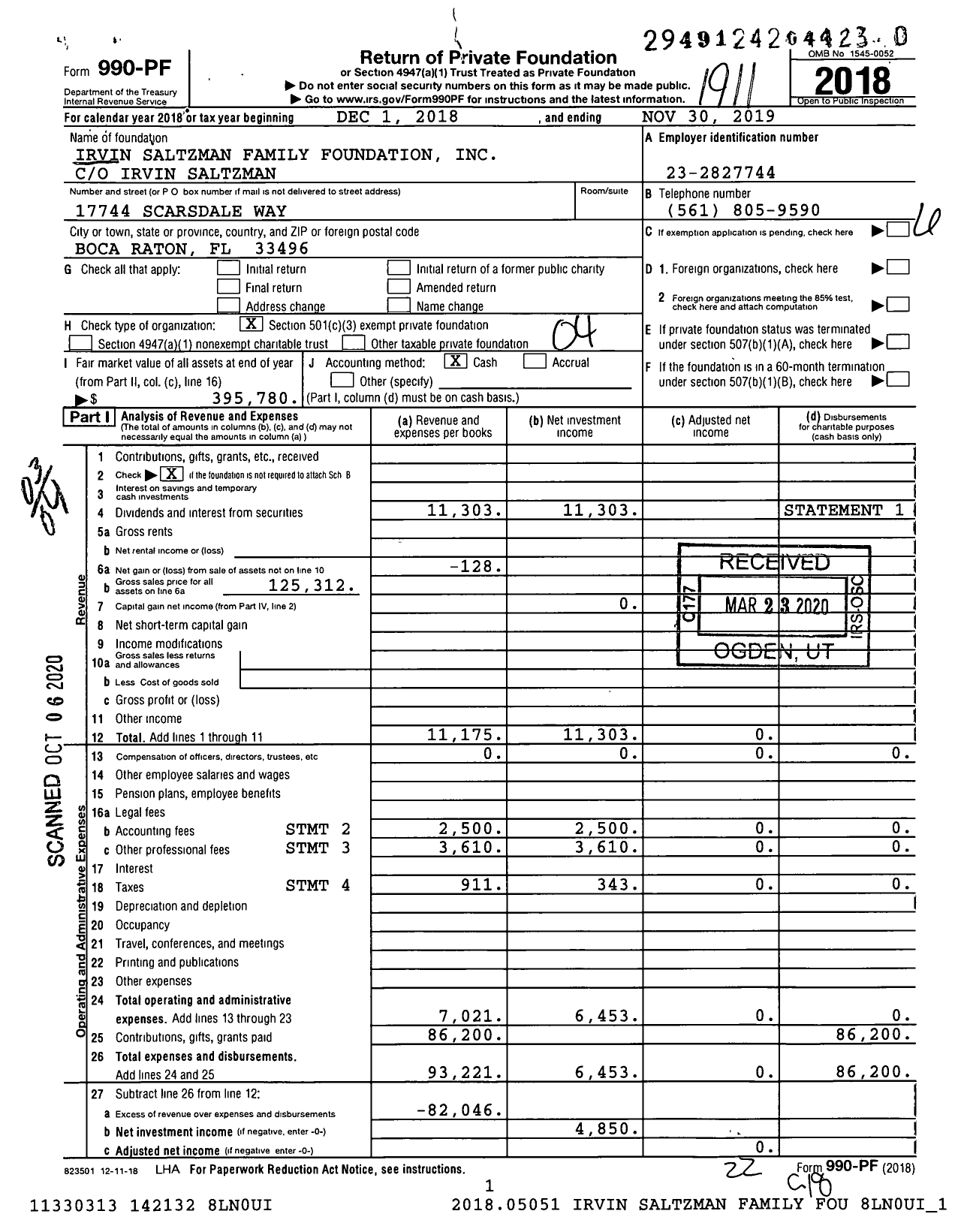 Image of first page of 2018 Form 990PR for Irvin Saltzman Family Foundation