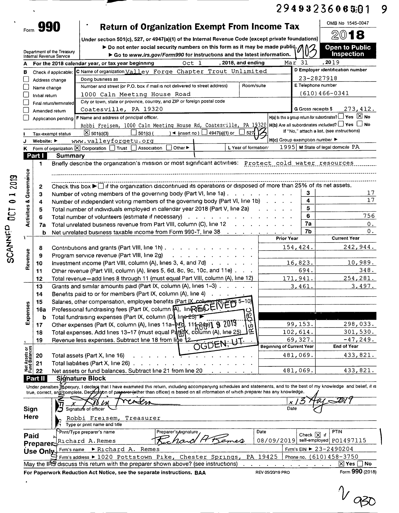 Image of first page of 2018 Form 990 for Trout Unlimited - 290 Valley Forge