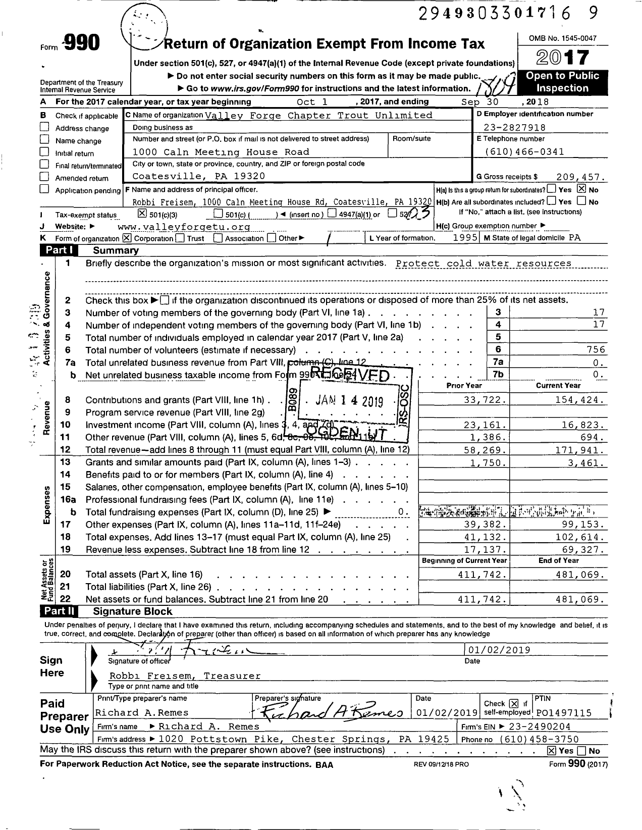 Image of first page of 2017 Form 990 for Trout Unlimited - 290 Valley Forge