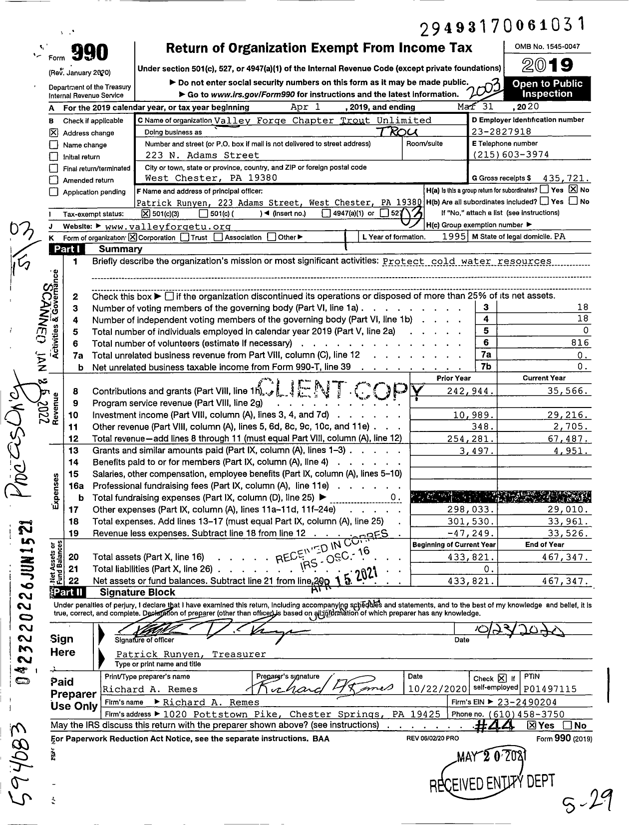 Image of first page of 2019 Form 990 for Trout Unlimited - 290 Valley Forge