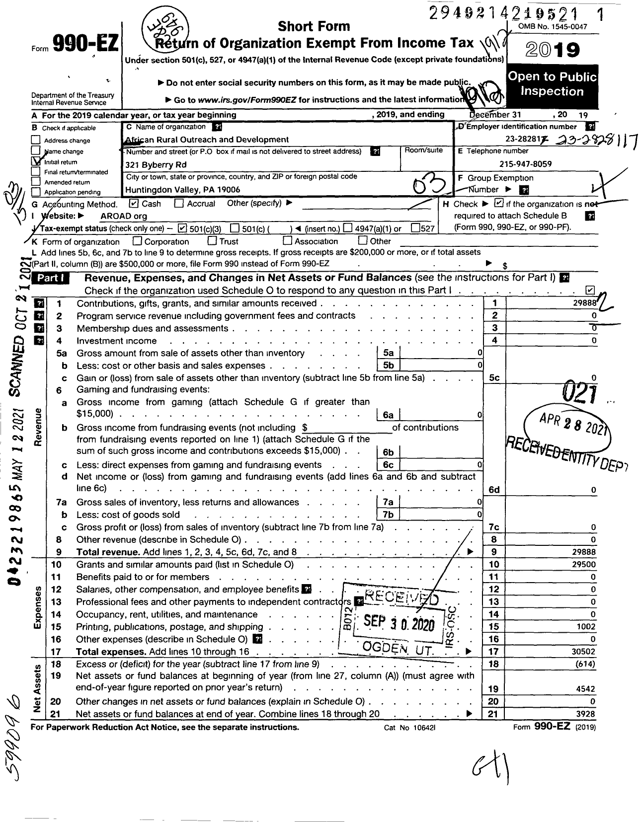 Image of first page of 2019 Form 990EZ for African Rural Outreach and Development