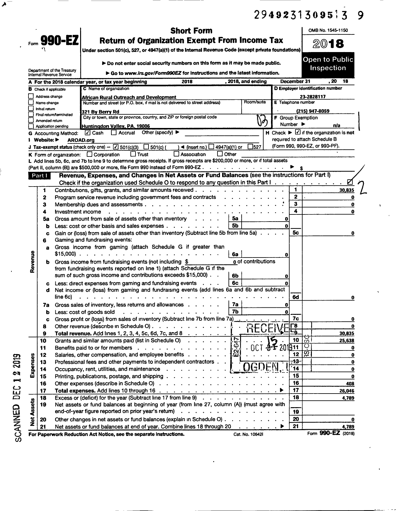 Image of first page of 2018 Form 990EZ for African Rural Outreach and Development