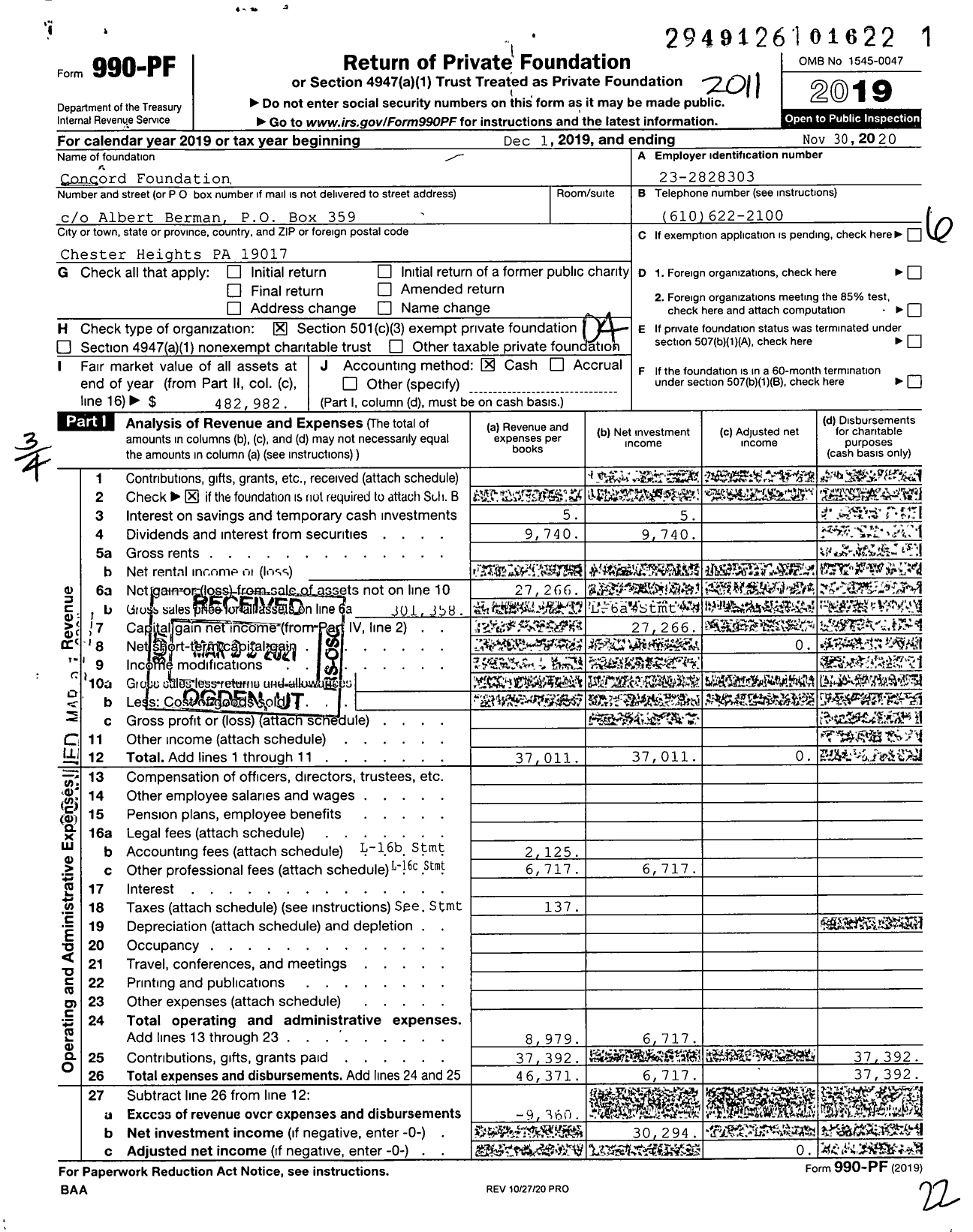 Image of first page of 2019 Form 990PF for Concord Foundation