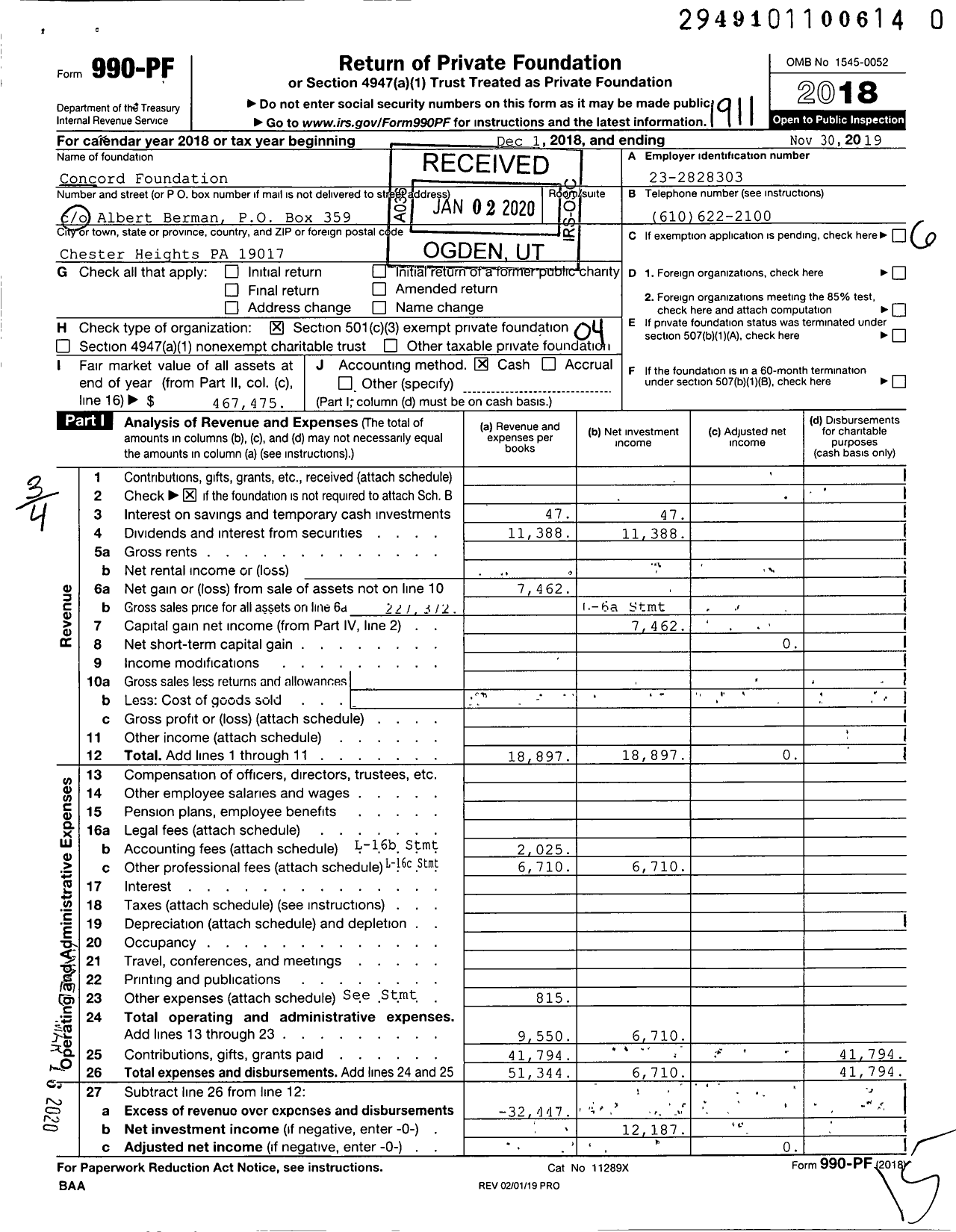 Image of first page of 2018 Form 990PR for Concord Foundation